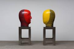 Ceramic Head Pair Covered in Glass Mosaic with Steel Stands by Jun Kaneko, 2016