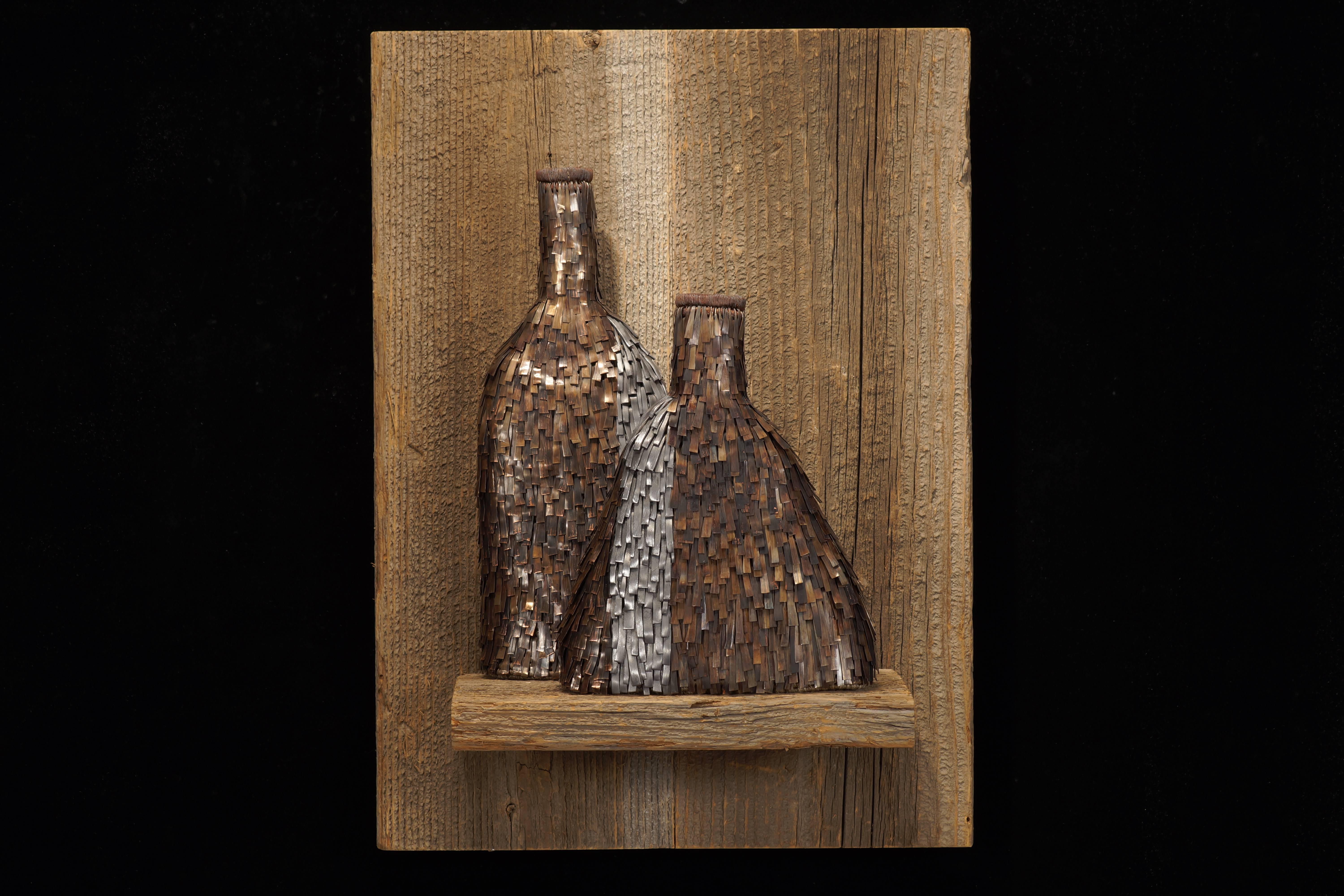 Mary Giles Still-Life Sculpture - "Grey Streak Transparency", Waxed Linen Sculpture with Mixed Media, Copper, Iron