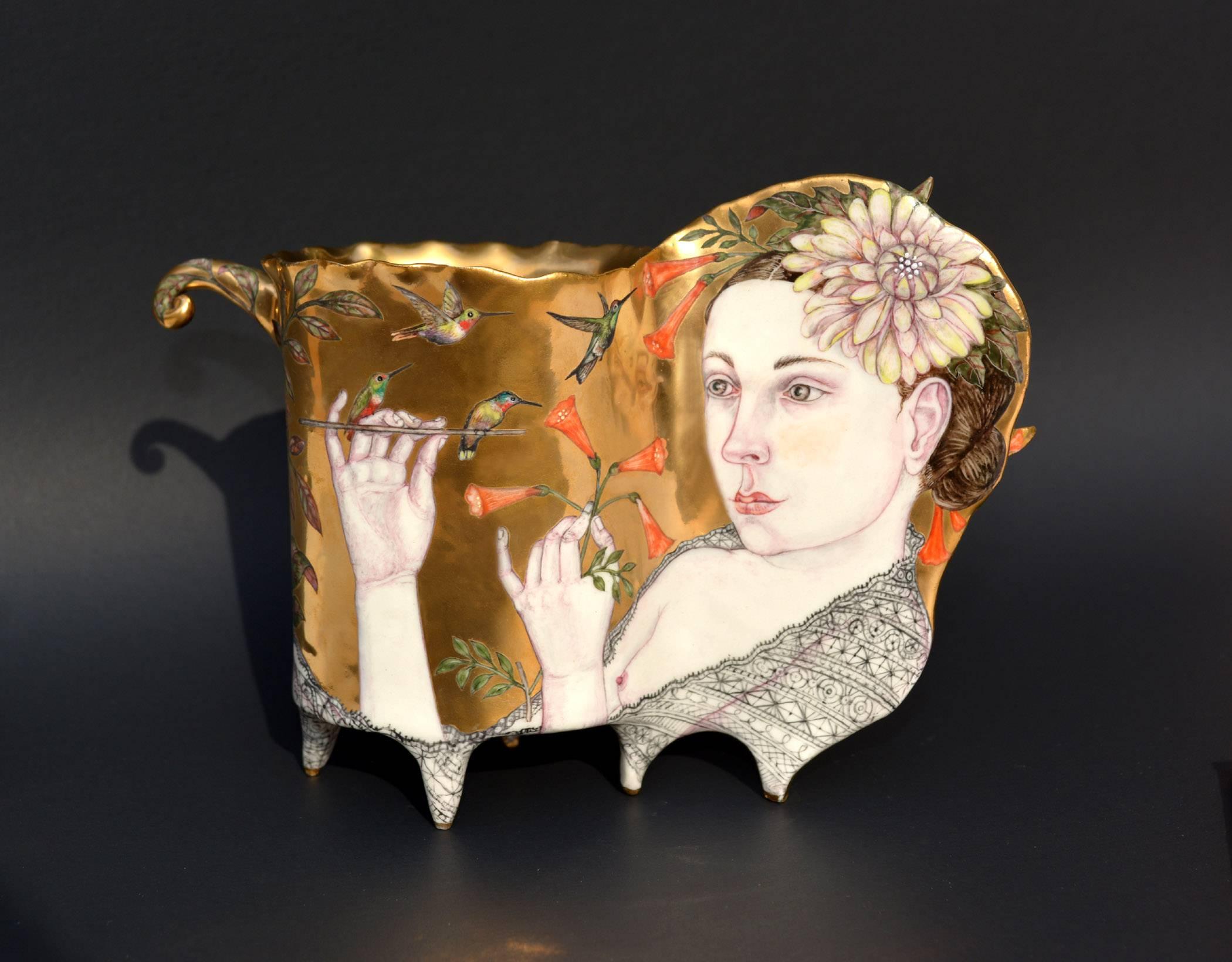 Irina Zaytceva Portrait Painting - Contemporary Porcelain Sculpture with Gold Luster and Hand Painted Illustration