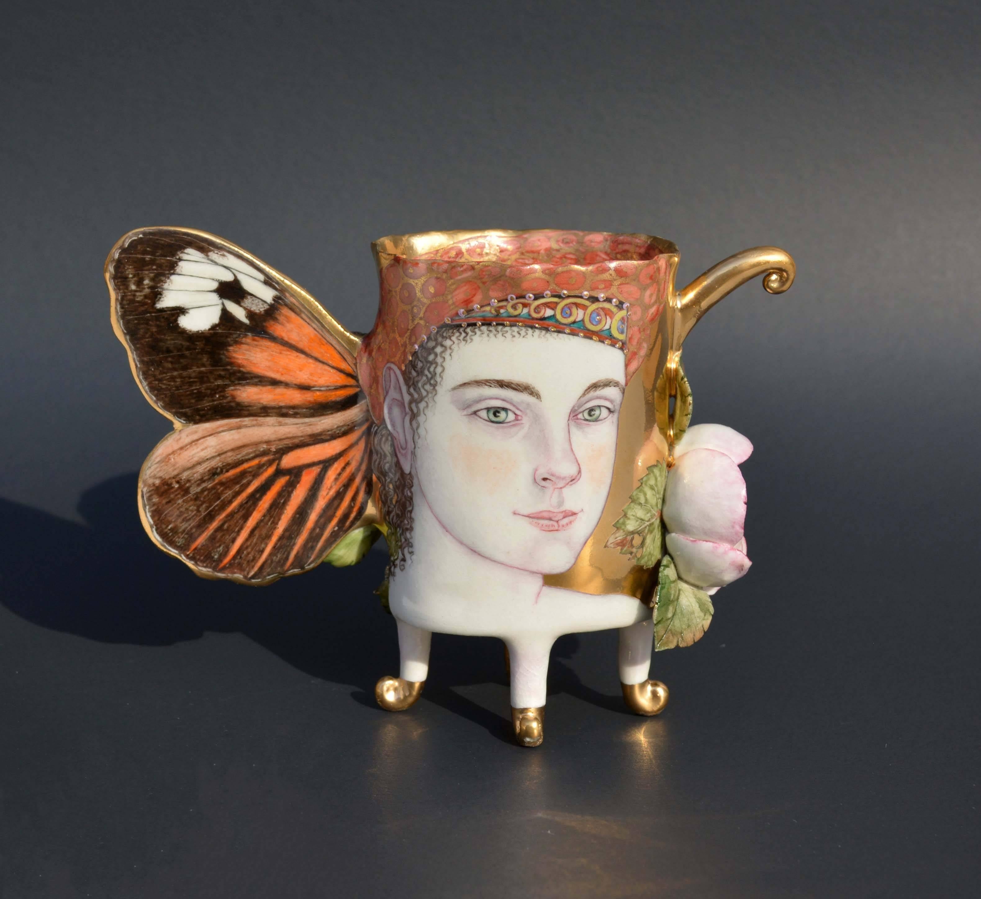 Helicomus Butterfly Cup, Porcelain Ceramic Cup with Painted Illustration & Gold - Sculpture by Irina Zaytceva