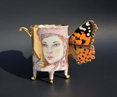 Painted Lady Butterfly Cup, Hand Sculpted Porcelain Ceramic with Gold Luster 1