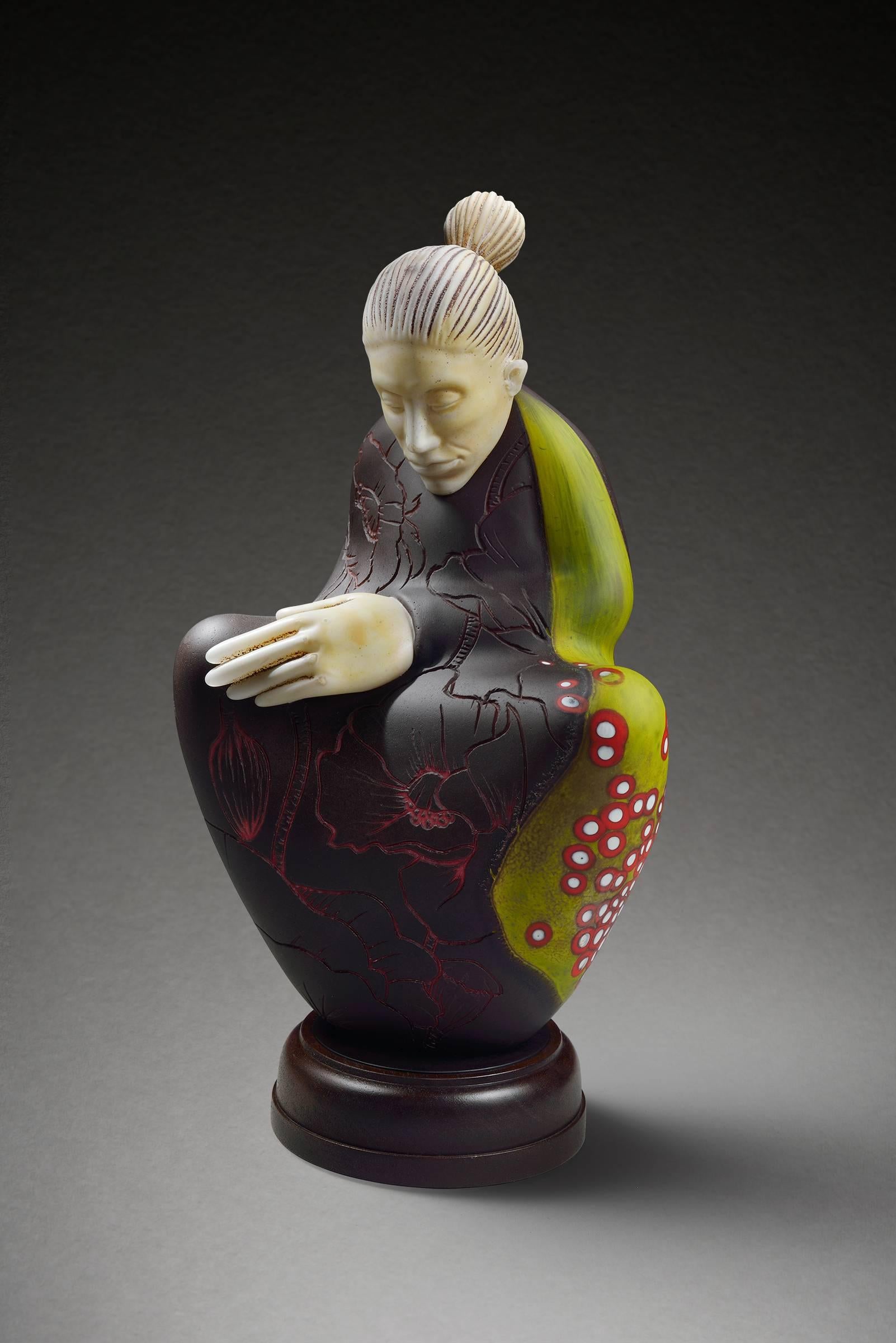 Ross Richmond Figurative Sculpture - "Among the Poppies", Blown and Hot Sculpted Glass Sculpture with Carved Detail