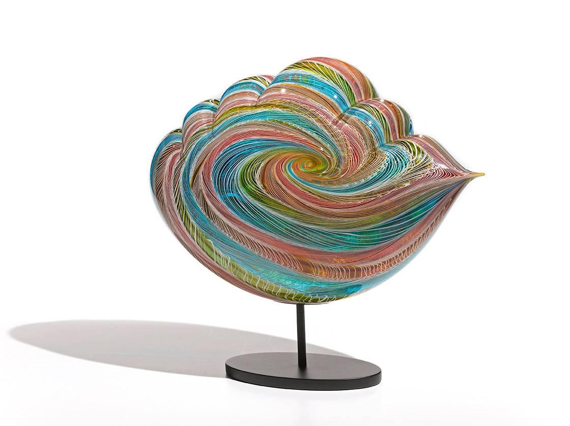 Nancy Callan Abstract Sculpture - "St. Lucia Cloud" , Contemporary Blown Glass Sculpture with Metal Stand