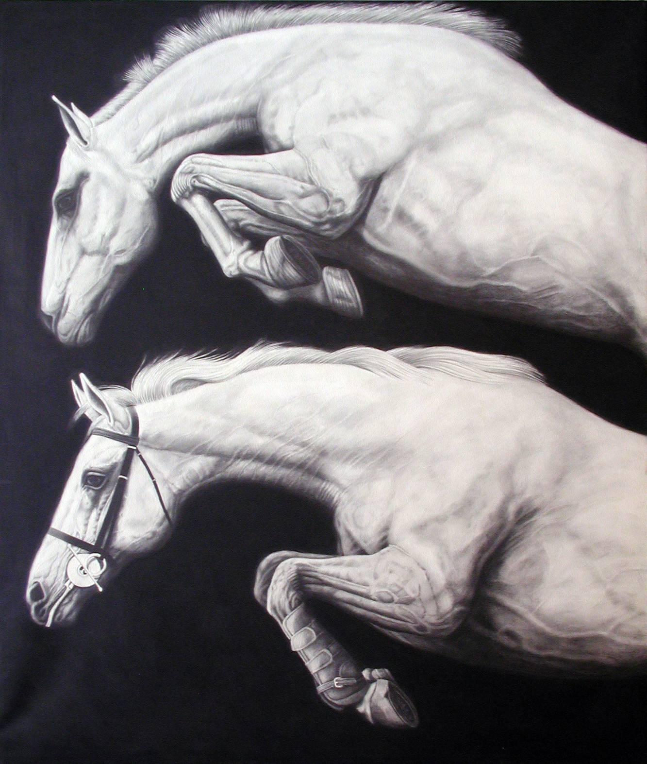 Joseph Piccillo Animal Art - Two Leaping Horses, Large Scale Charcoal Drawing on Canvas, Animal, Graphite