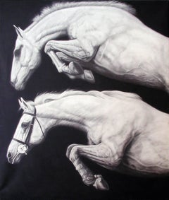 Two Leaping Horses, Large Scale Charcoal Drawing on Canvas, Animal, Graphite