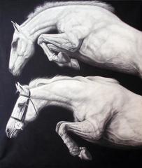 "Two Leaping Horses", Large Graphite Drawing on Canvas