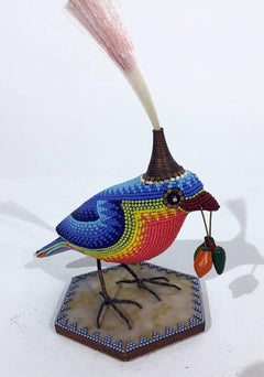 Bird with Hat by Jan Huling, Beaded Bird Sculpture in Brightly Colored Pattern 
