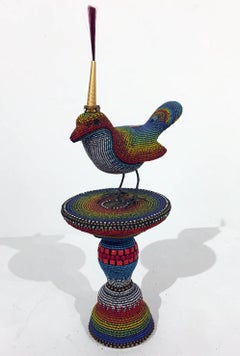 Bird on Stand with Hat by Jan Huling, Beaded Sculpture with Colorful Pattern