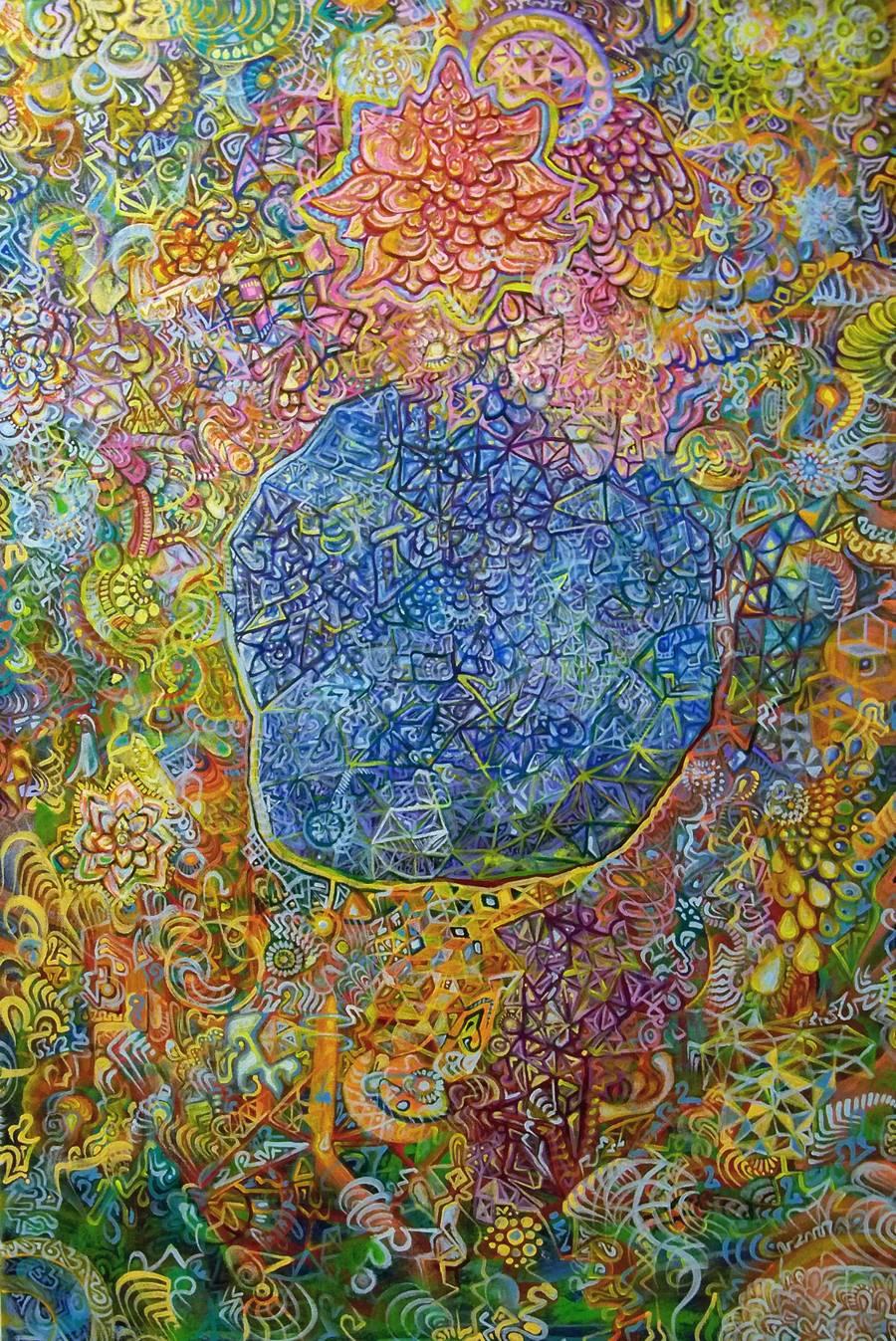 Ethan Meyer’s work is an obsession with densely intricate patterns that map the inner landscapes of consciousness. As the viewer attempts to chart the patterns, the overall effect is of a space that is both rhythmic and organic. Using markings that