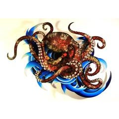Pulpo Rojo Solitario , Lone Red Octopus. Airbrushed Wooden Sculpture 1