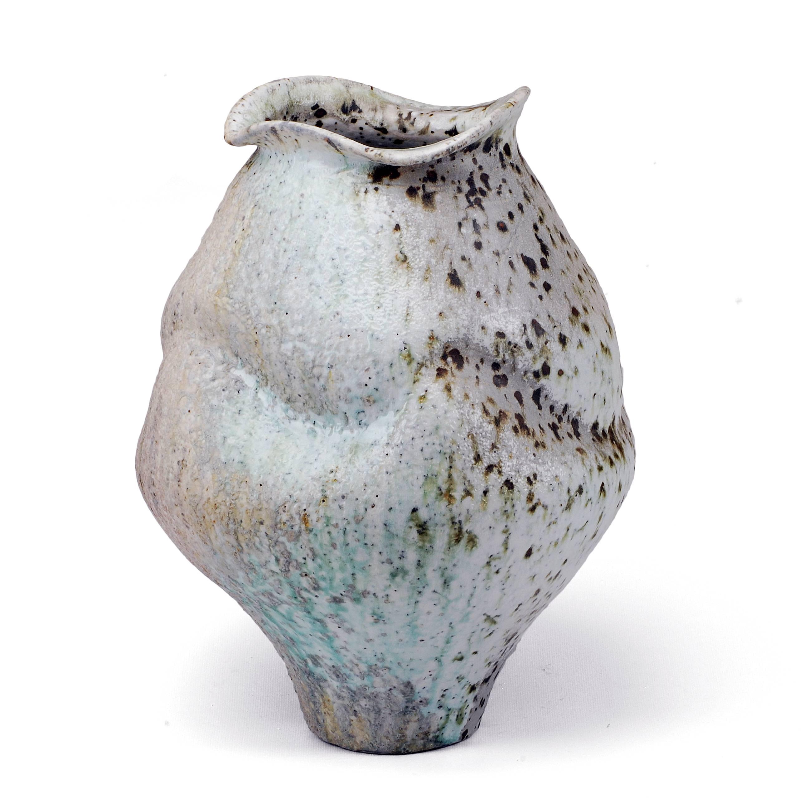 Medium Porcleian Jar with Shino Glaze and Iron Inclusions, Wood Fired - Sculpture by Perry Haas