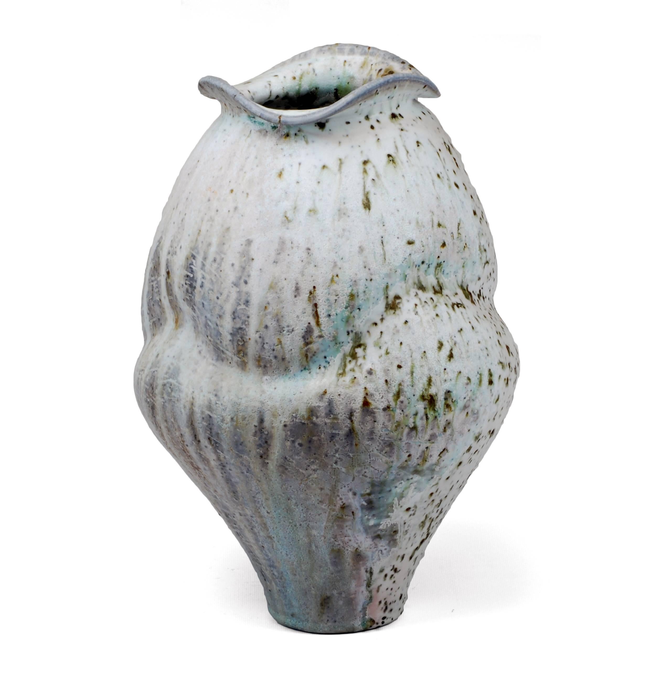 Perry Haas Abstract Sculpture - Medium Porcleian Jar with Shino Glaze and Iron Inclusions, Wood Fired