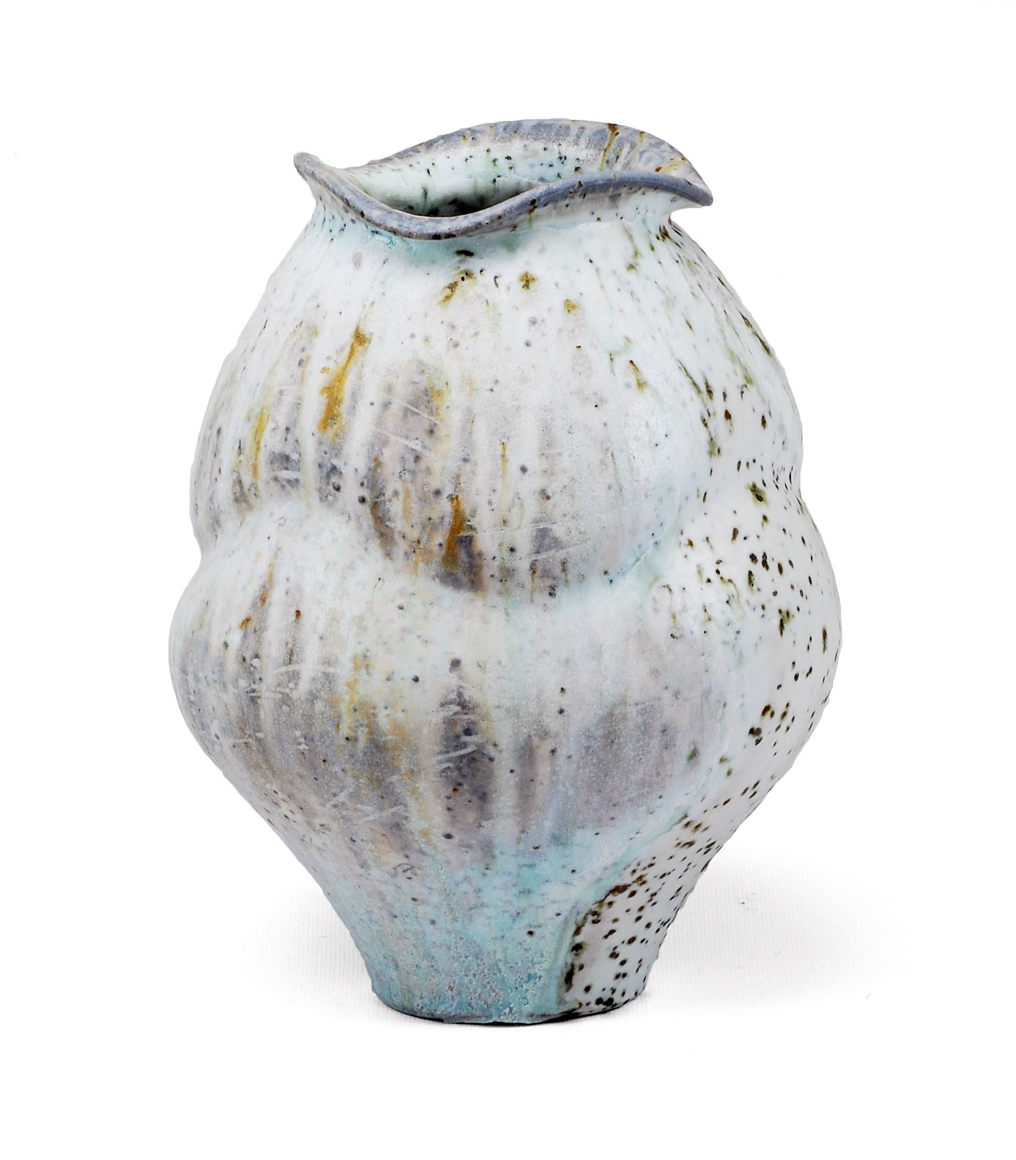 Small Wood Fired Porcelain Jar with Shino Glaze and Iron Inclusions - Art by Perry Haas