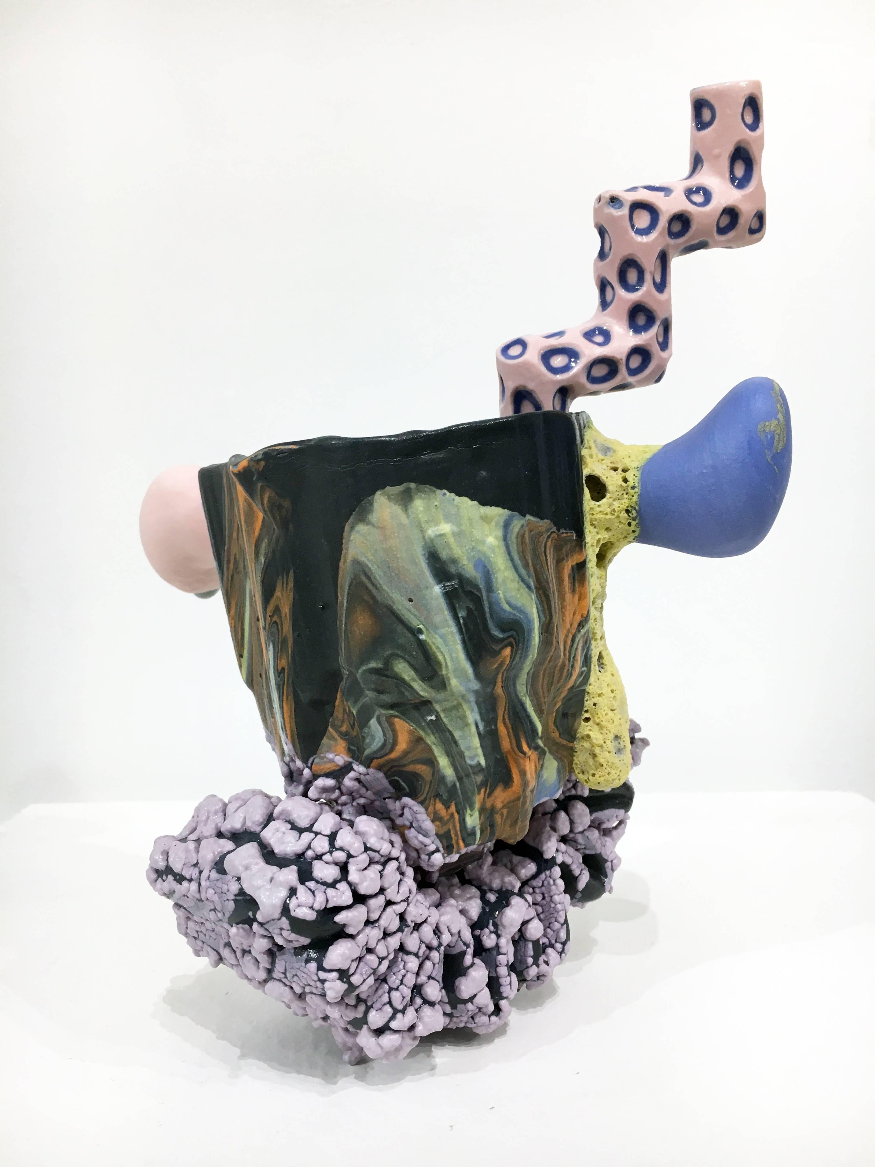 Abstracted Ceramic Cup and Straw Set with Colorful Glaze - Sculpture by Joey Watson