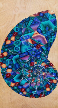 "Cosmic Rebirth" , Complex Geometric Acrylic Painting on Maple Panel, Framed