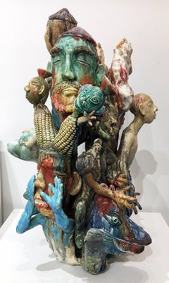 "New Year's Greeting", Contemporary Figurative Ceramic Sculpture with Glazes