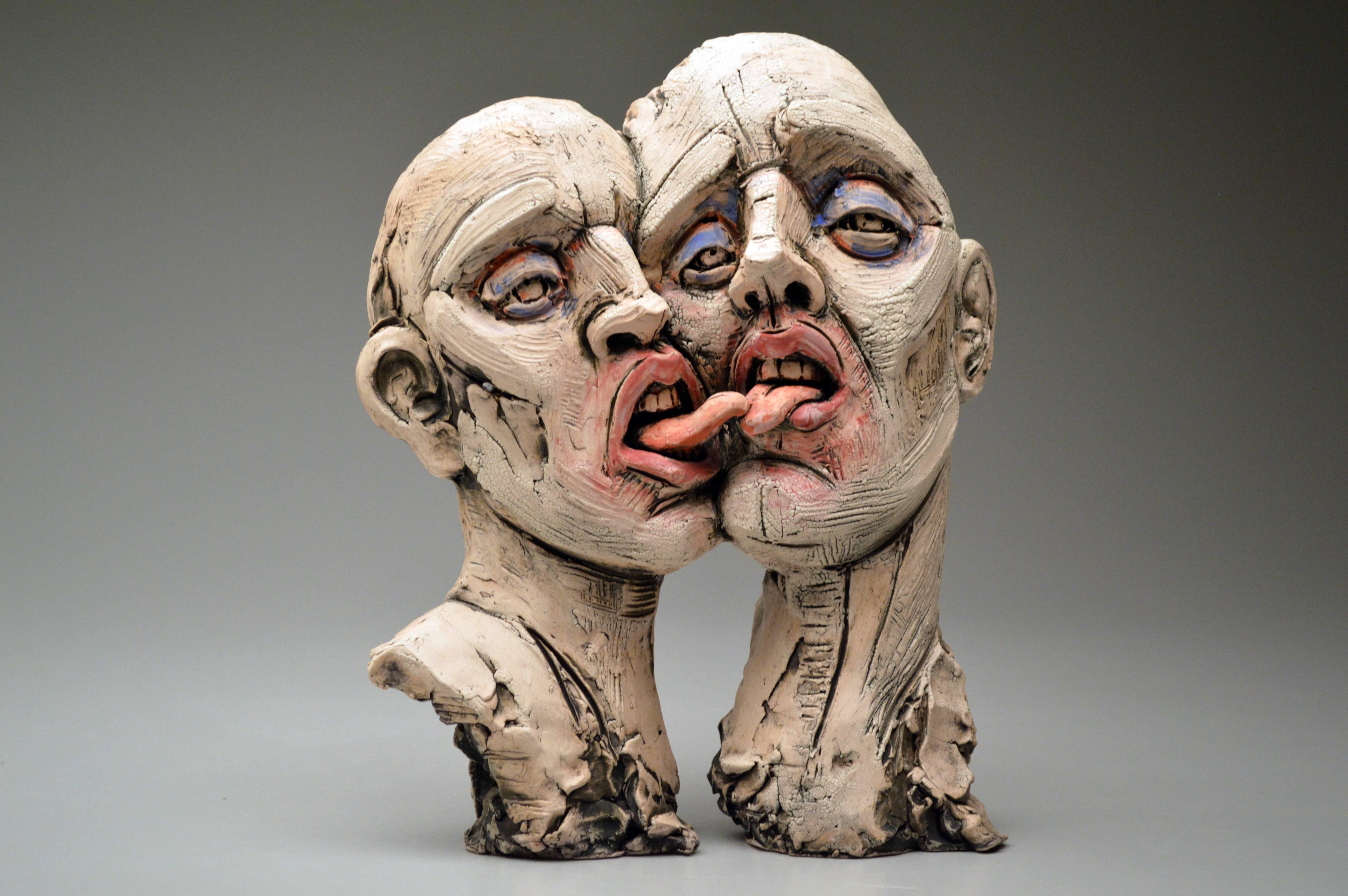 Chris Riccardo Abstract Sculpture - "Bald", Stoneware Sculpture with Glaze and Underglaze