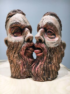 "Selfie" , Sculpture surréaliste en grès avec glaçure et sous-glaçure