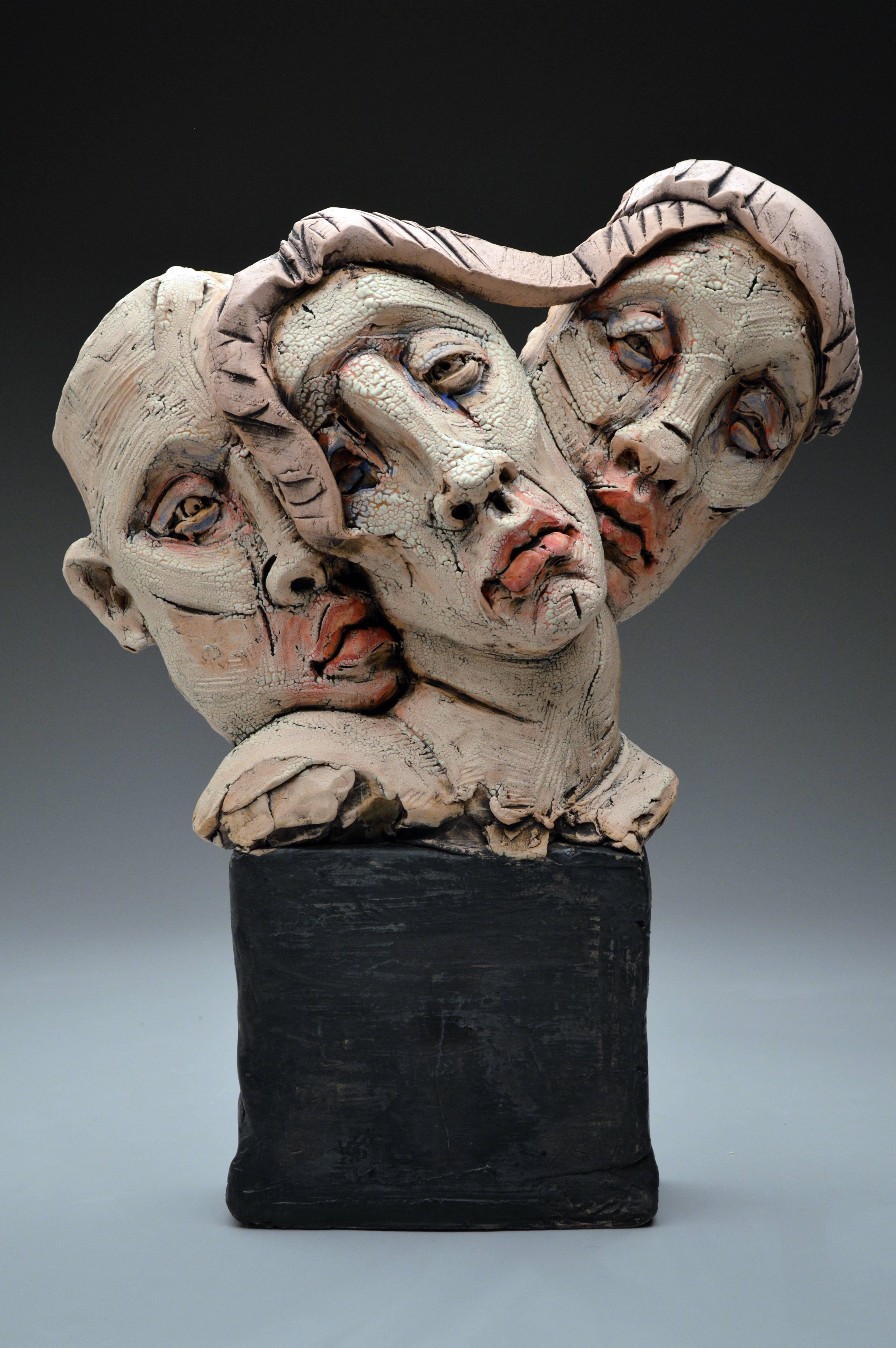Chris Riccardo Figurative Sculpture - "Threesome", Stoneware Sculpture with Glaze and Underglaze