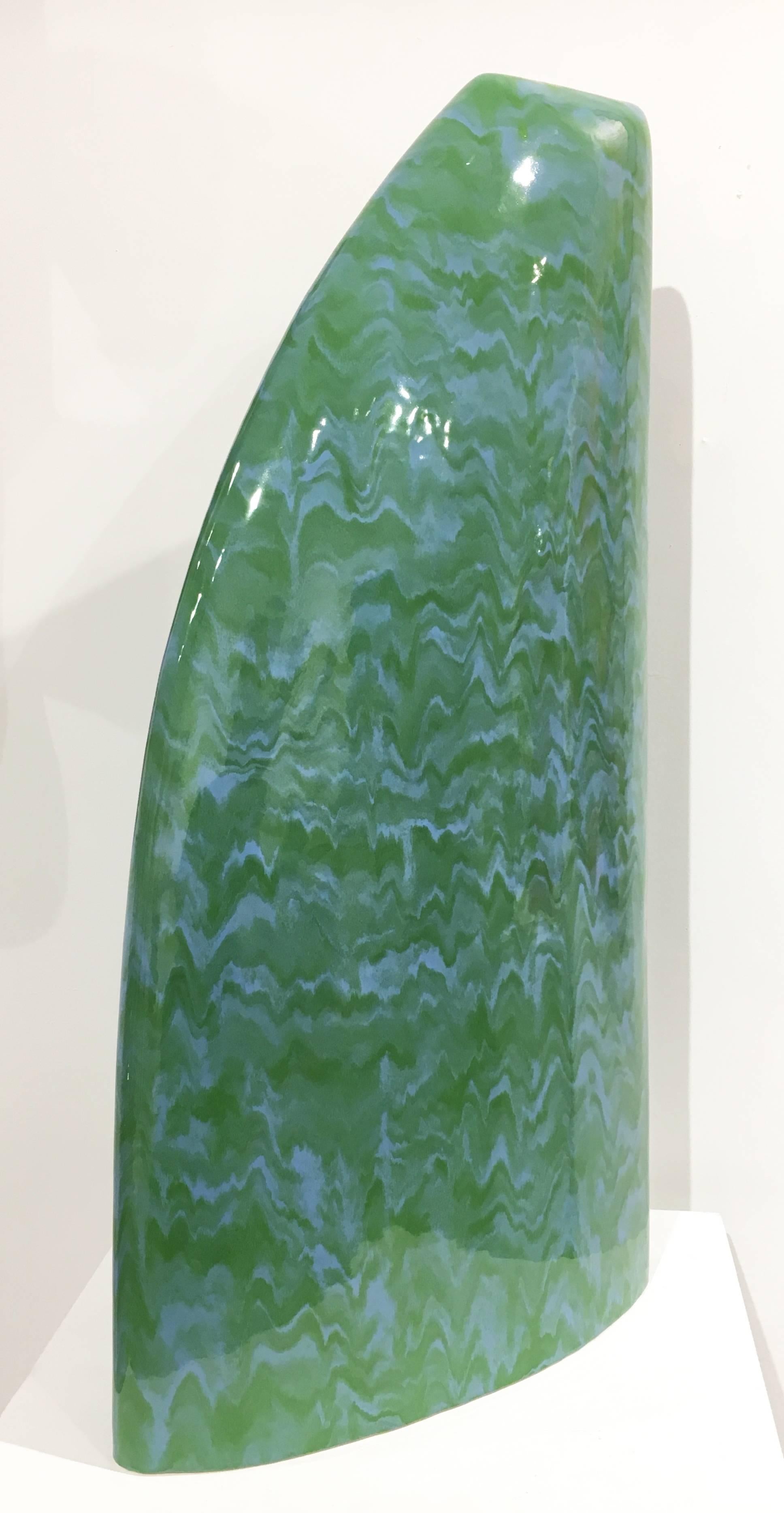 James Marshall Abstract Sculpture - Minimalist Abstract Ceramic Sculpture with Cascading Blue and Green Glaze