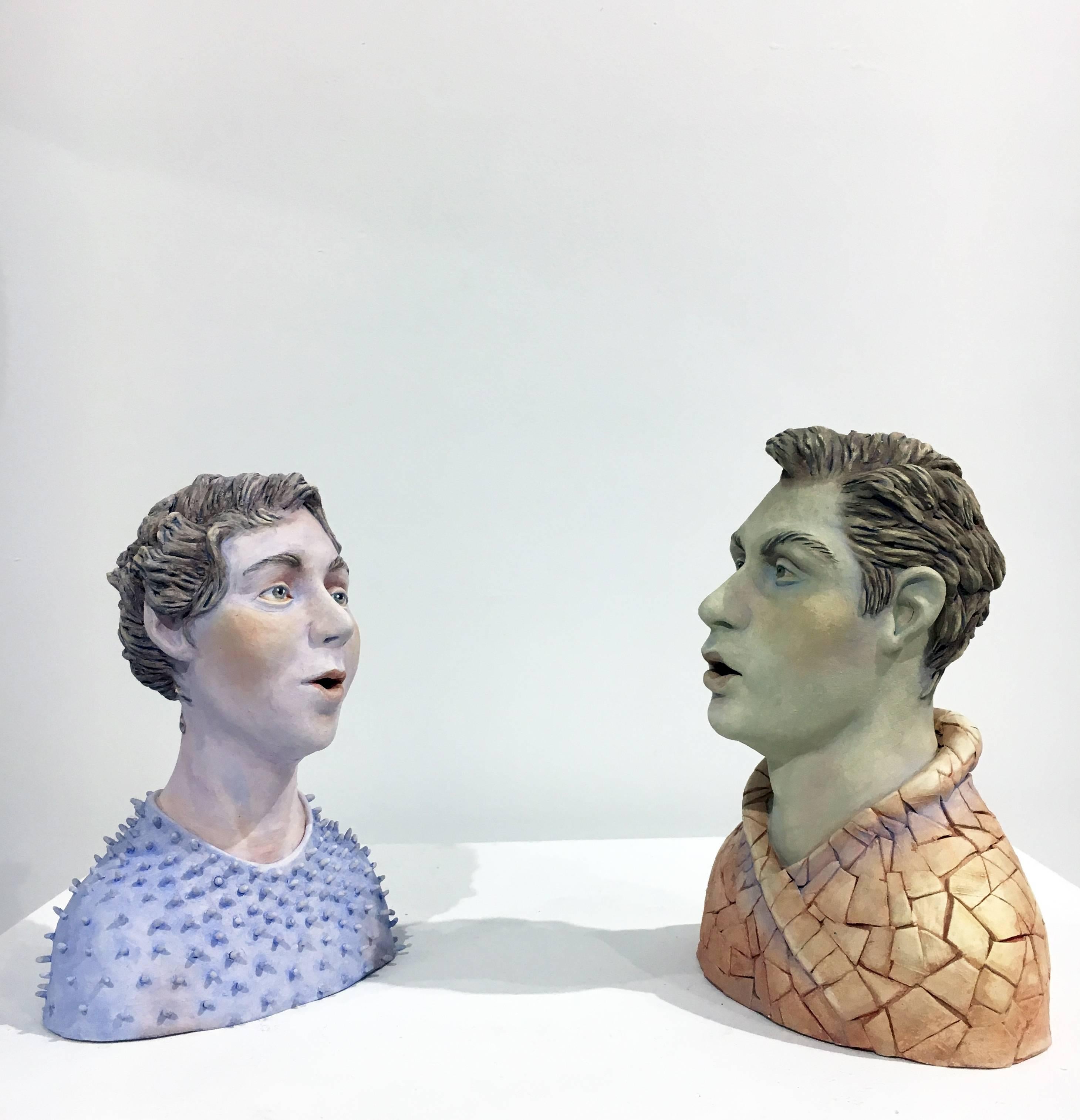 Beverly Mayeri Figurative Sculpture - "Conversation: Grouping 1", Ceramic Figures Painted with Acrylics and Glazing