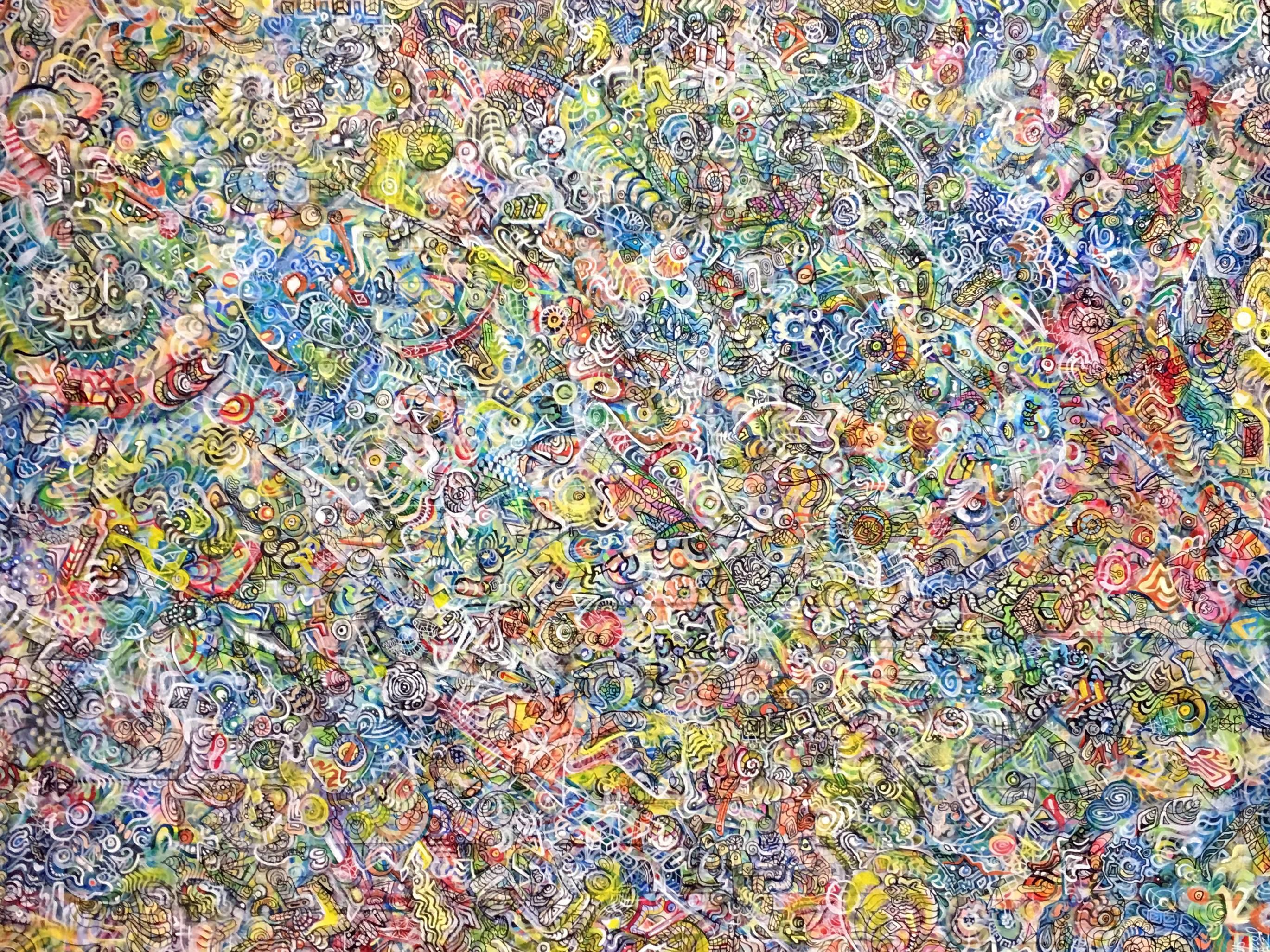 Ethan Meyer’s work is an obsession with densely intricate patterns that map the inner landscapes of consciousness. As the viewer attempts to chart the patterns, the overall effect is of a space that is both rhythmic and organic. Using markings that