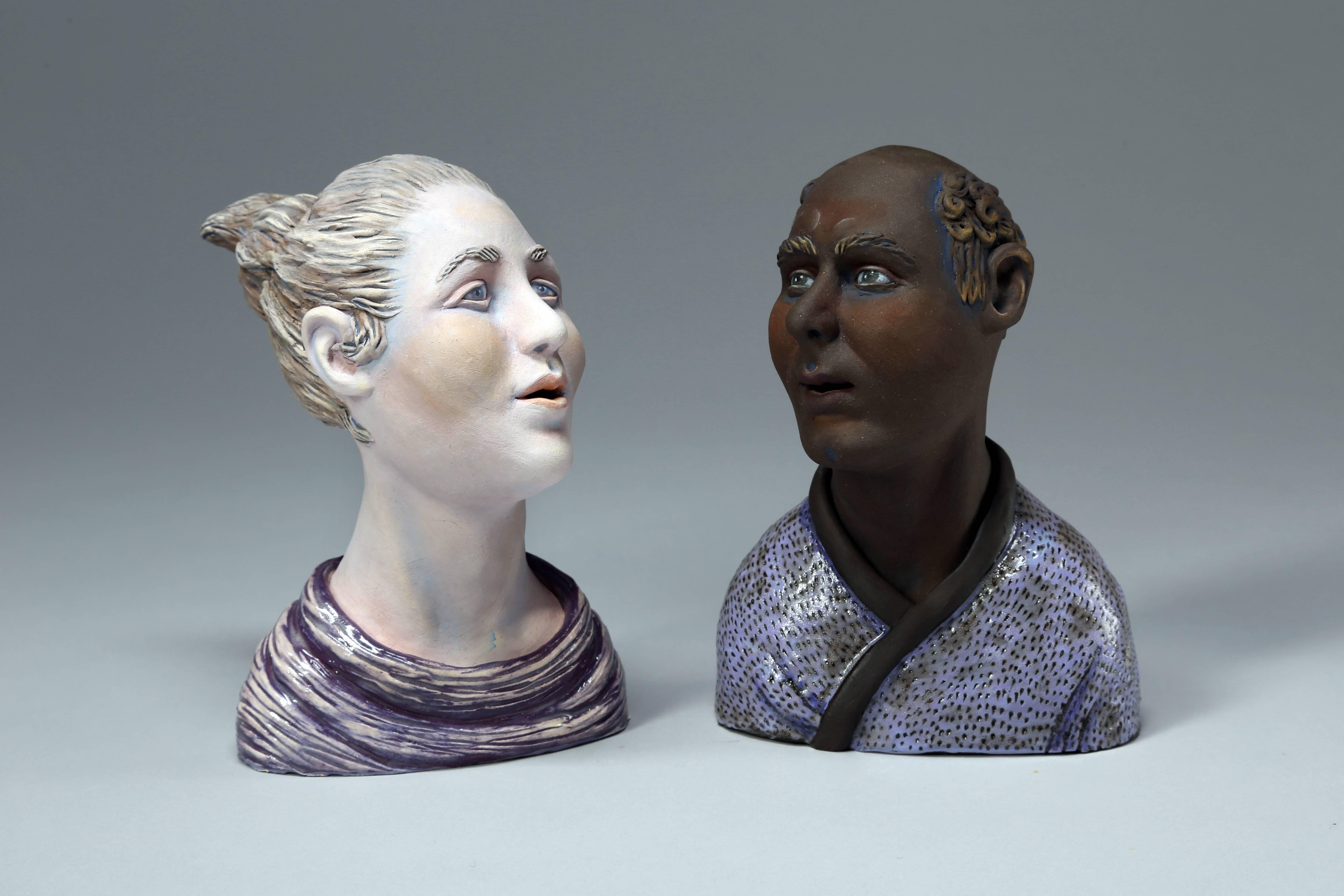 Beverly Mayeri Figurative Sculpture - Conversations II: Grouping II , Ceramic Sculpture with Acrylic Paint and Glaze