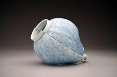 "Jar with Scroll Pattern", Contemporary, Ceramic, Sculpture, Cobalt Inlay, Glaze