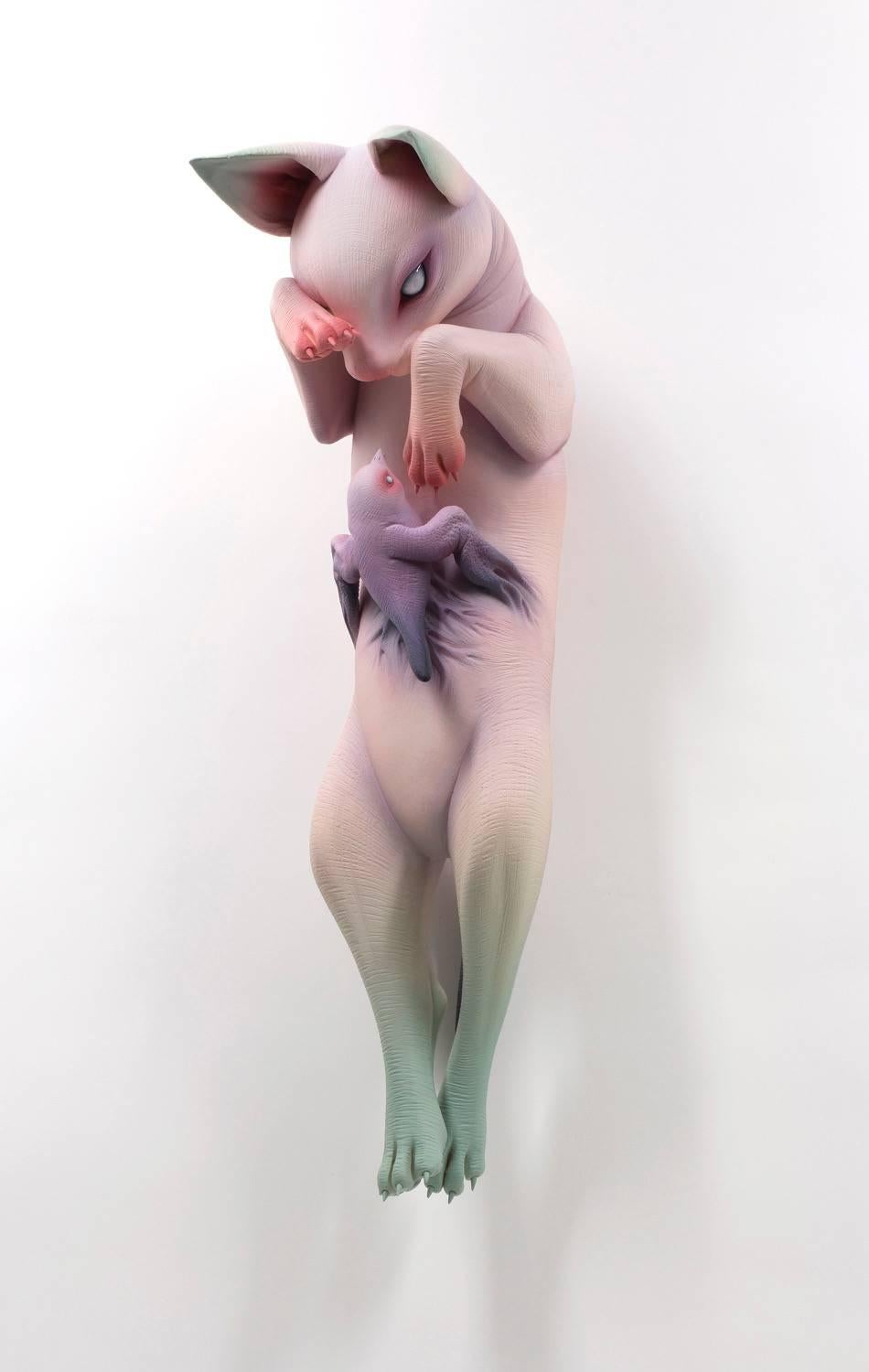 Erika Sanada Figurative Sculpture - "Face to Face", Hand Constructed Porcelain Sculpture, Wall Mounted