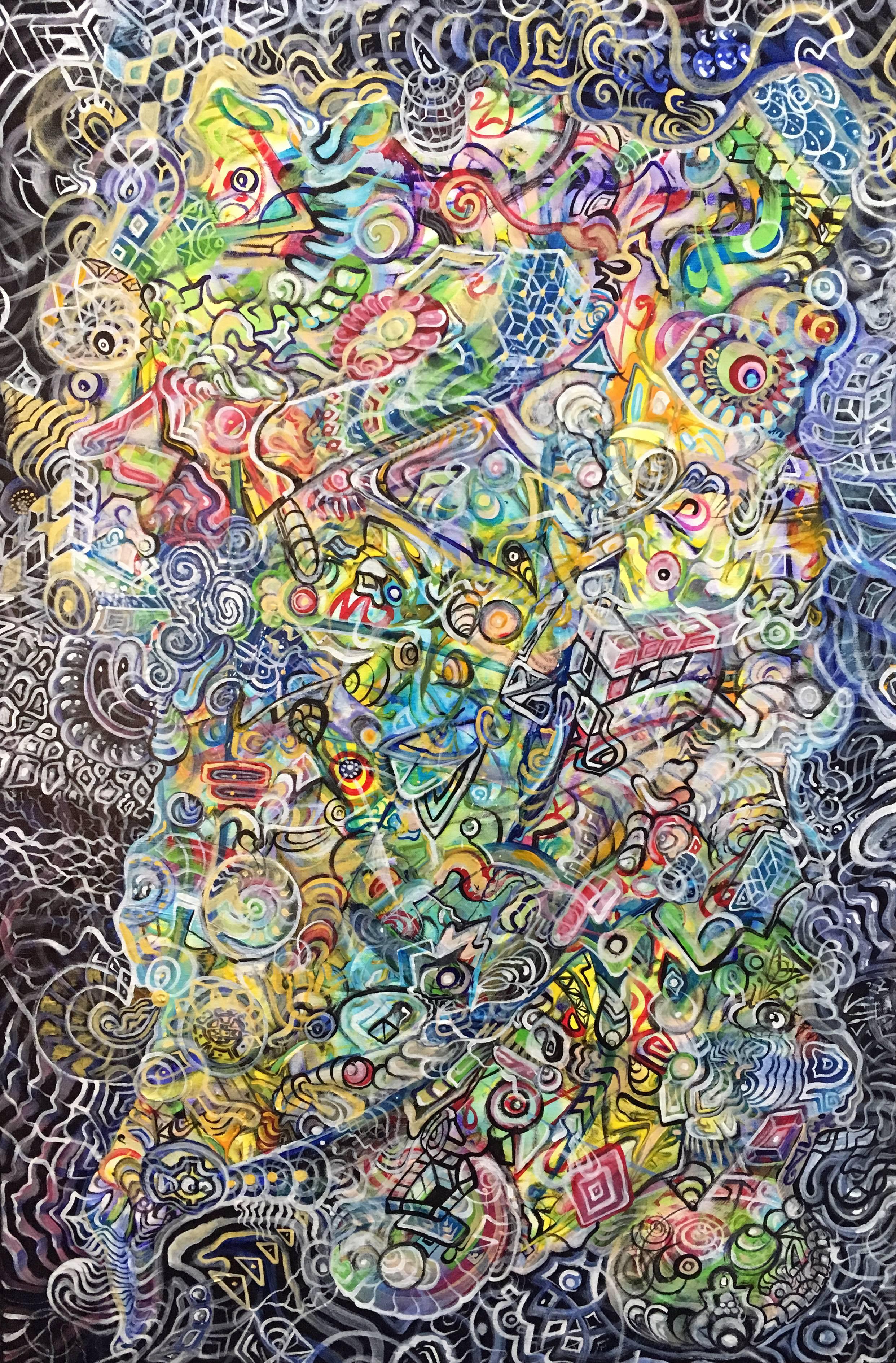 Ethan Meyer’s work is an obsession with densely intricate patterns that map the inner landscapes of consciousness. As the viewer attempts to chart the patterns, the overall effect is of a space that is both rhythmic and organic. Using markings that