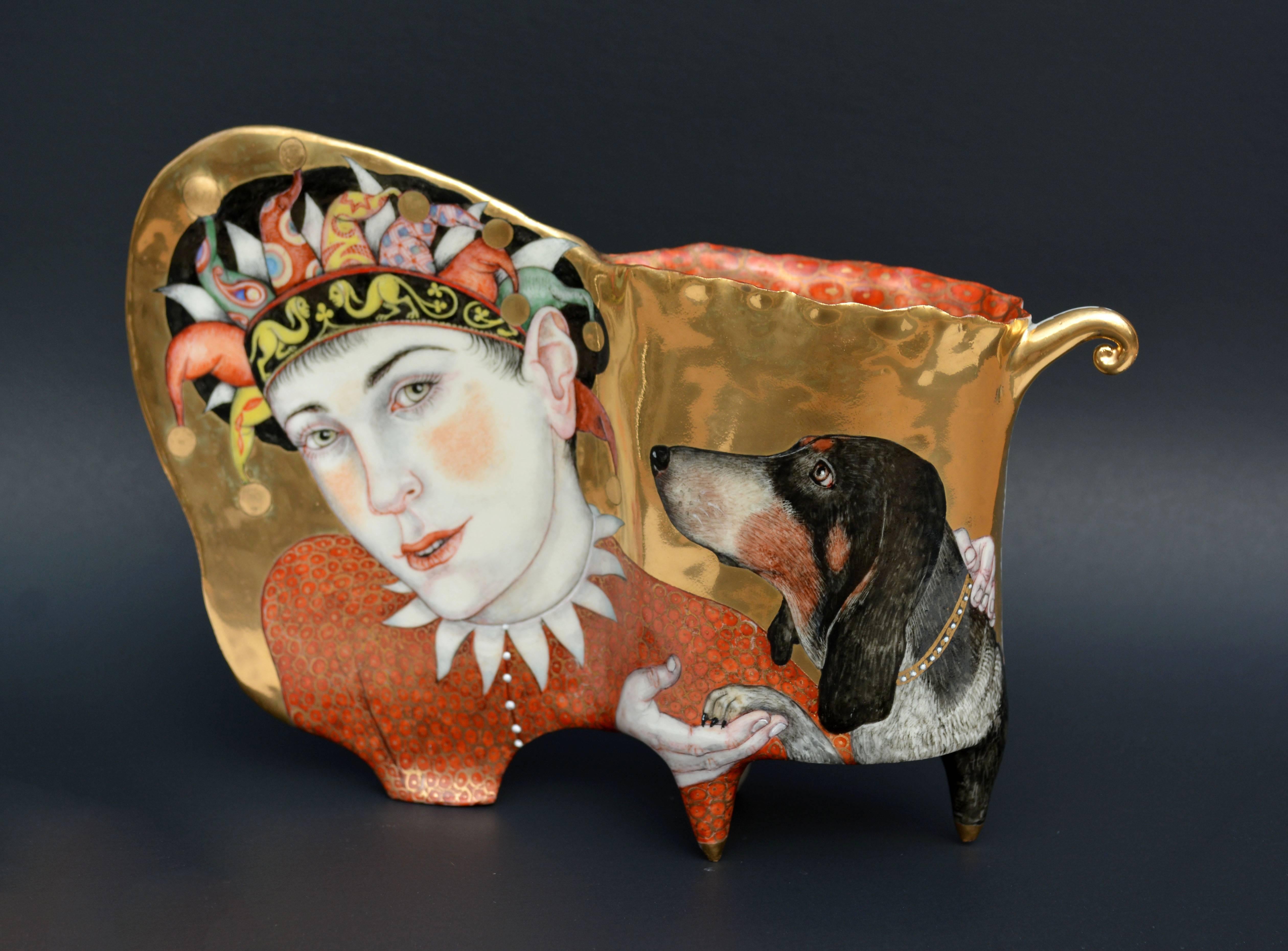 Irina Zaytceva Portrait Painting - "A Clown and His Dogs", Hand Sculpted Porcelain Cup with Painted Illustration