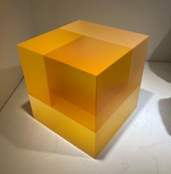 Optical Glass Sculpture, Cube, Korean American, Minimalism, Yellow Monochromatic