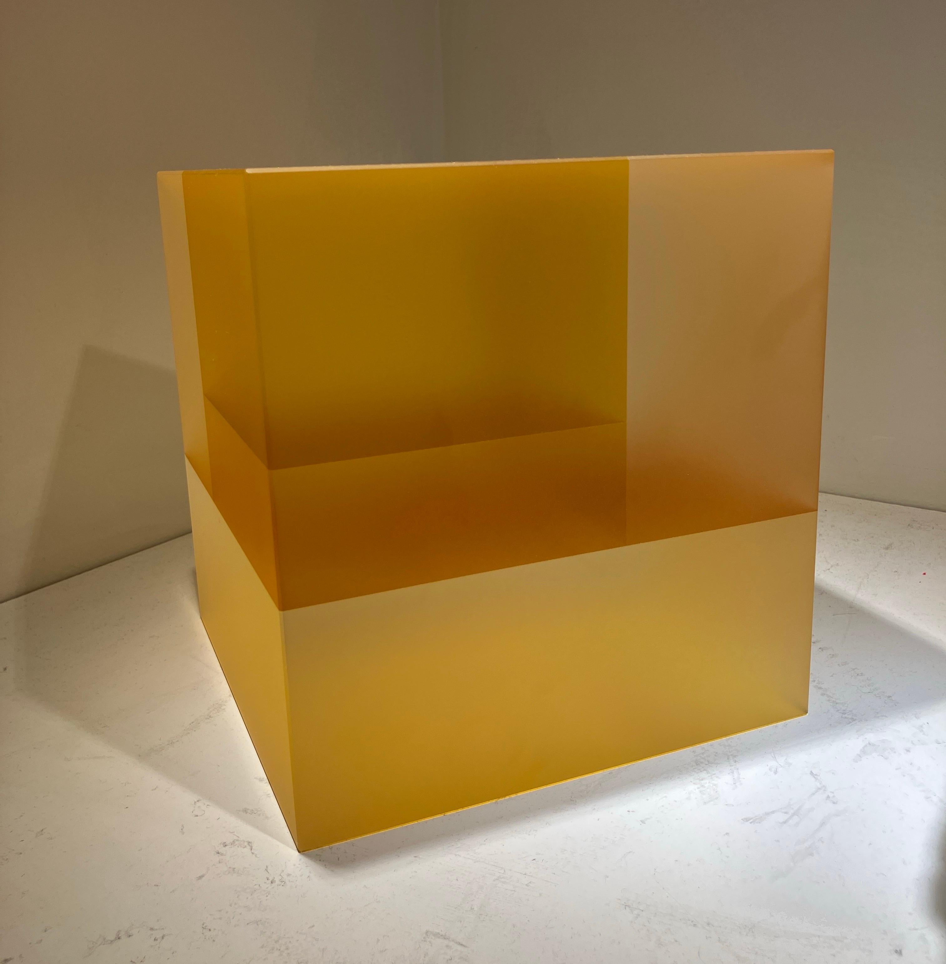 Optical Glass Sculpture, Cube, Korean American, Minimalism, Yellow Monochromatic For Sale 1