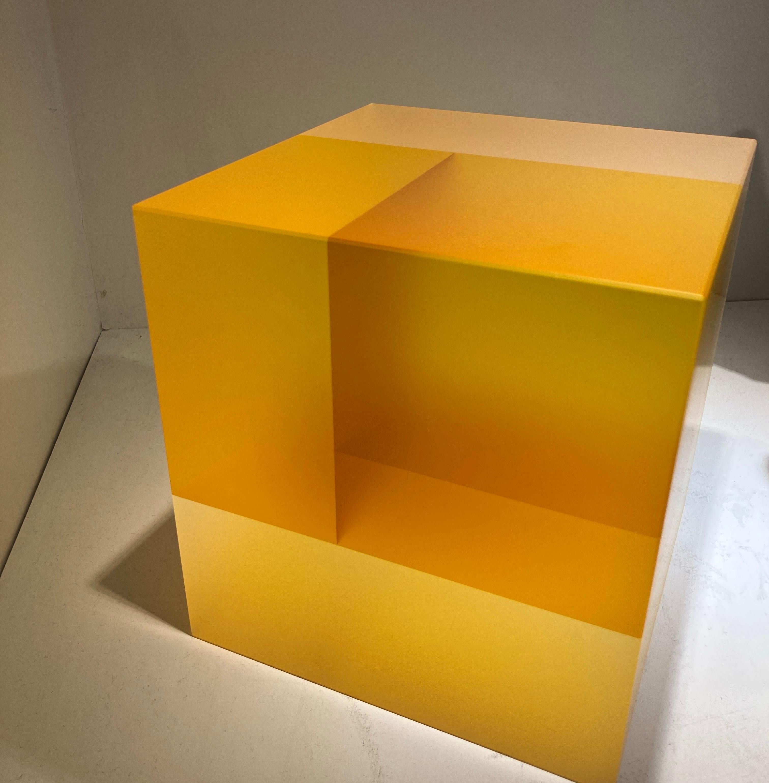 Optical Glass Sculpture, Cube, Korean American, Minimalism, Yellow Monochromatic For Sale 2