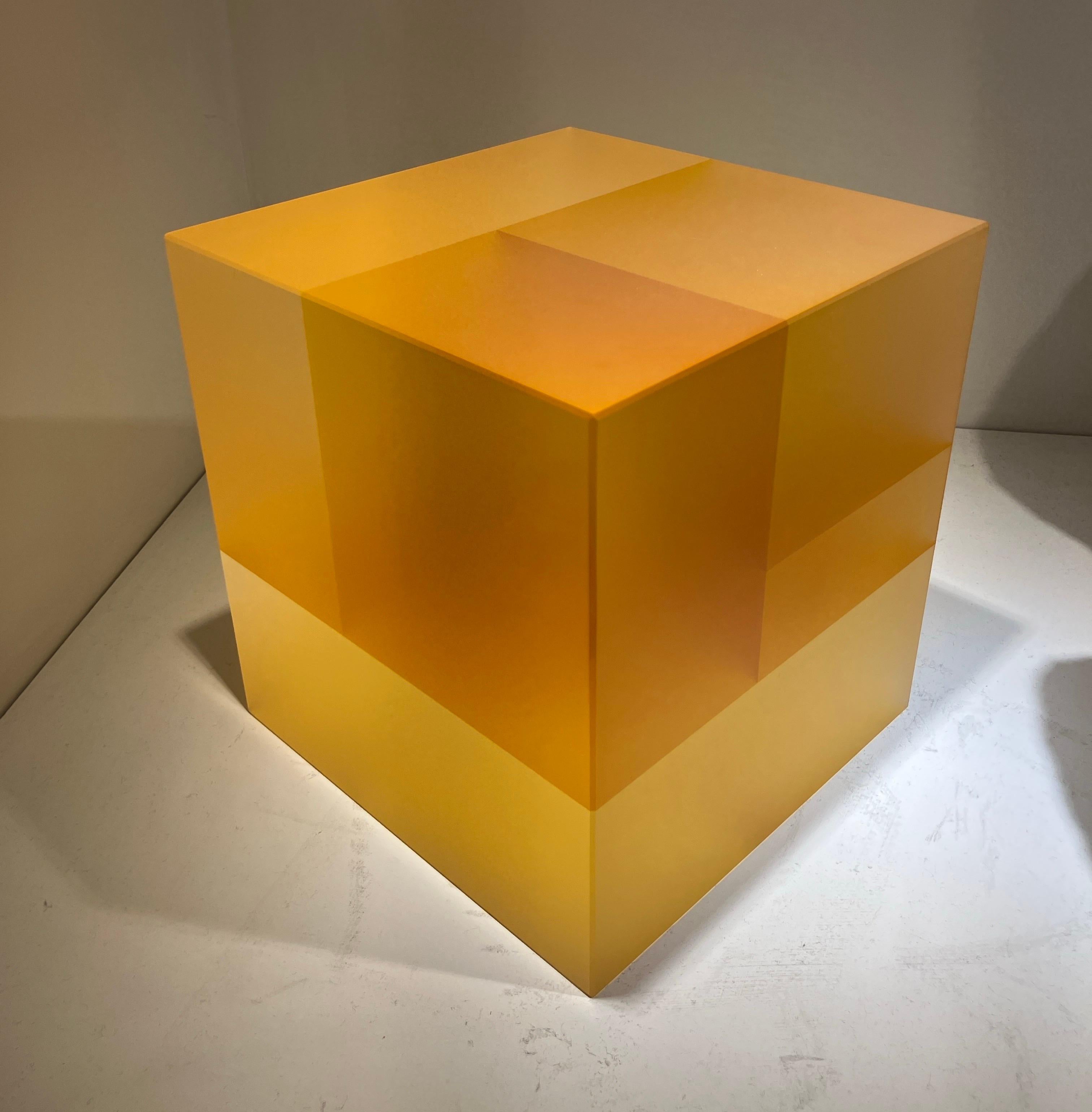 Optical Glass Sculpture, Cube, Korean American, Minimalism, Yellow Monochromatic For Sale 3