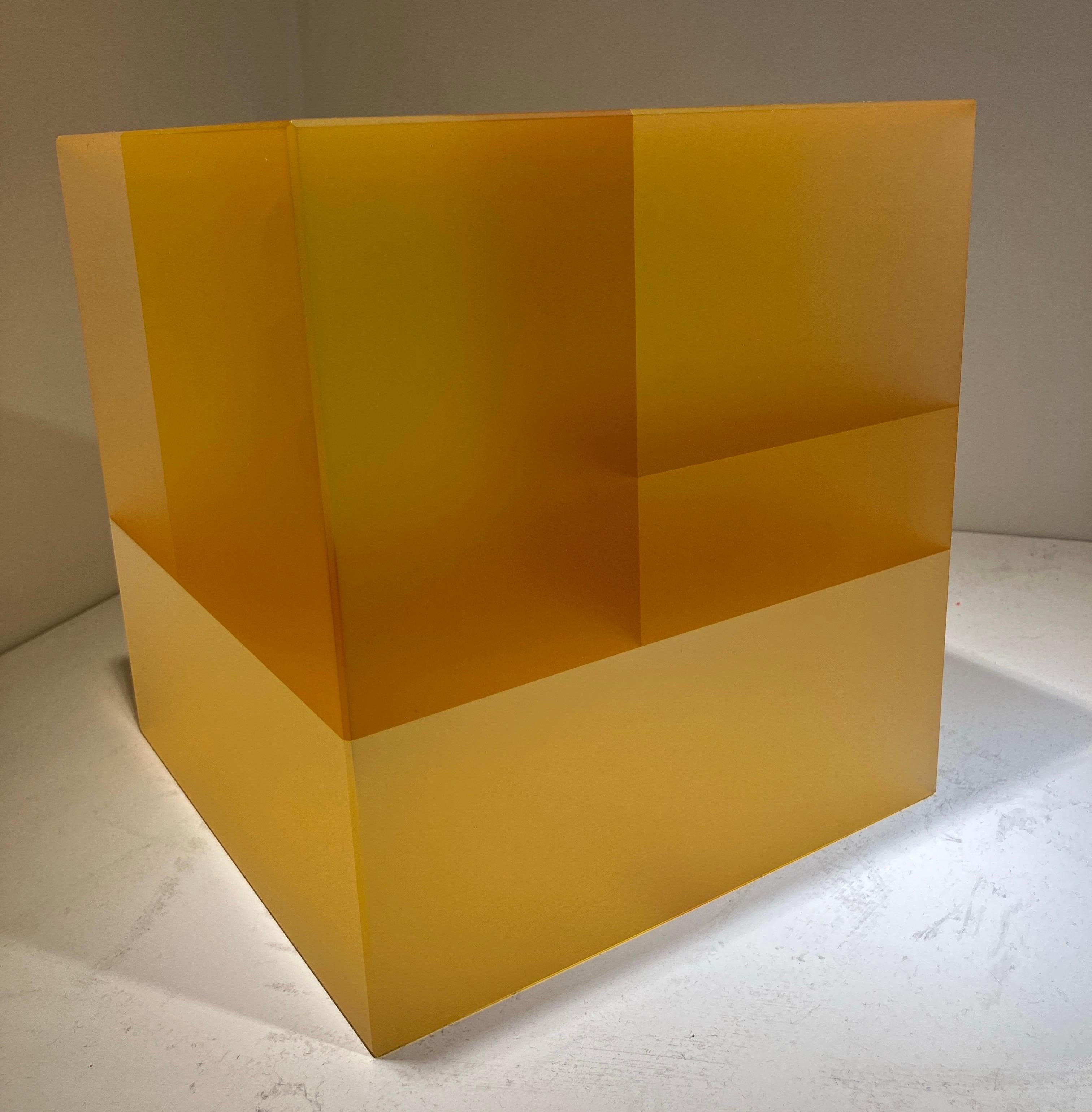 Optical Glass Sculpture, Cube, Korean American, Minimalism, Yellow Monochromatic For Sale 4