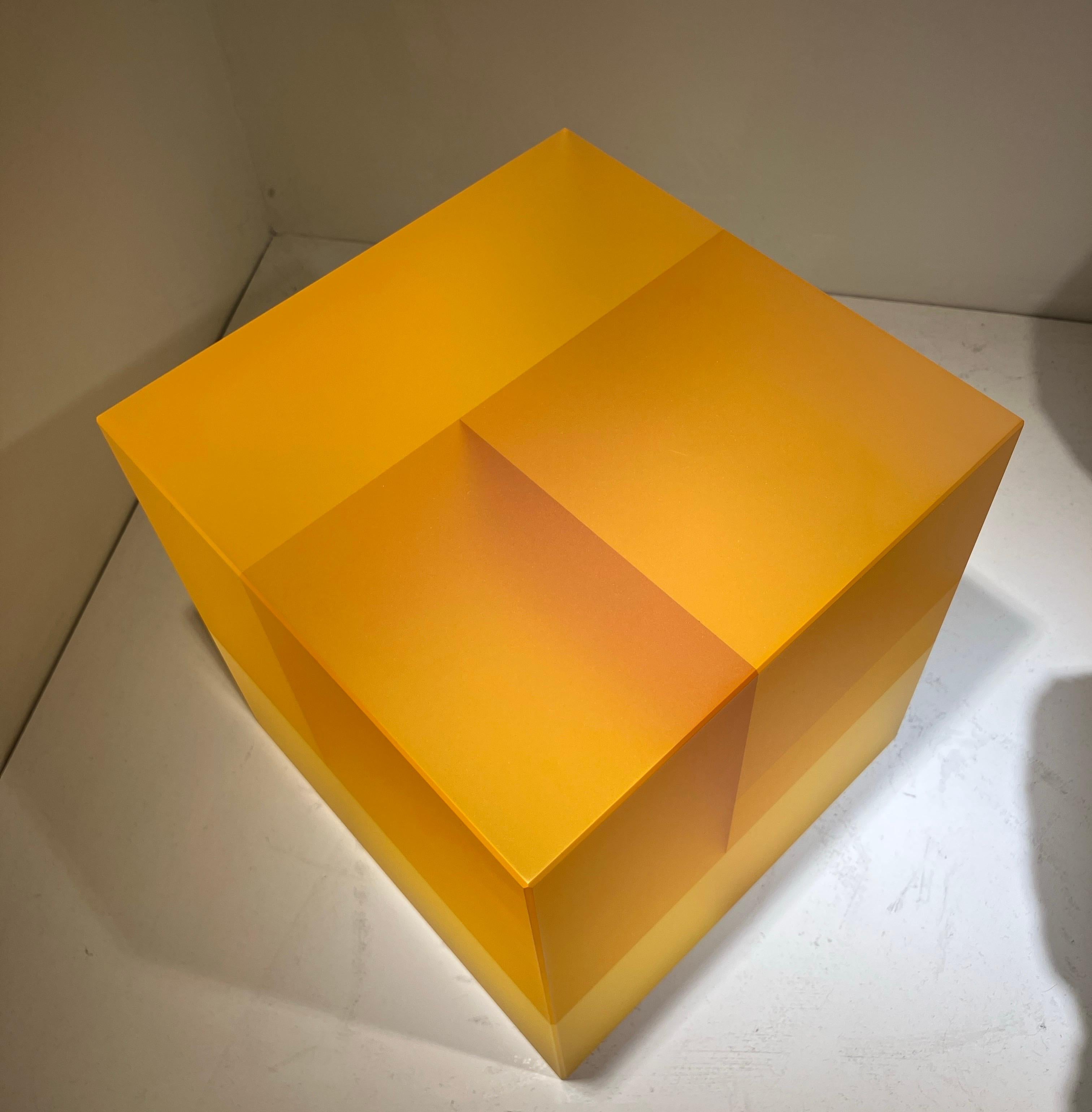 Optical Glass Sculpture, Cube, Korean American, Minimalism, Yellow Monochromatic For Sale 5