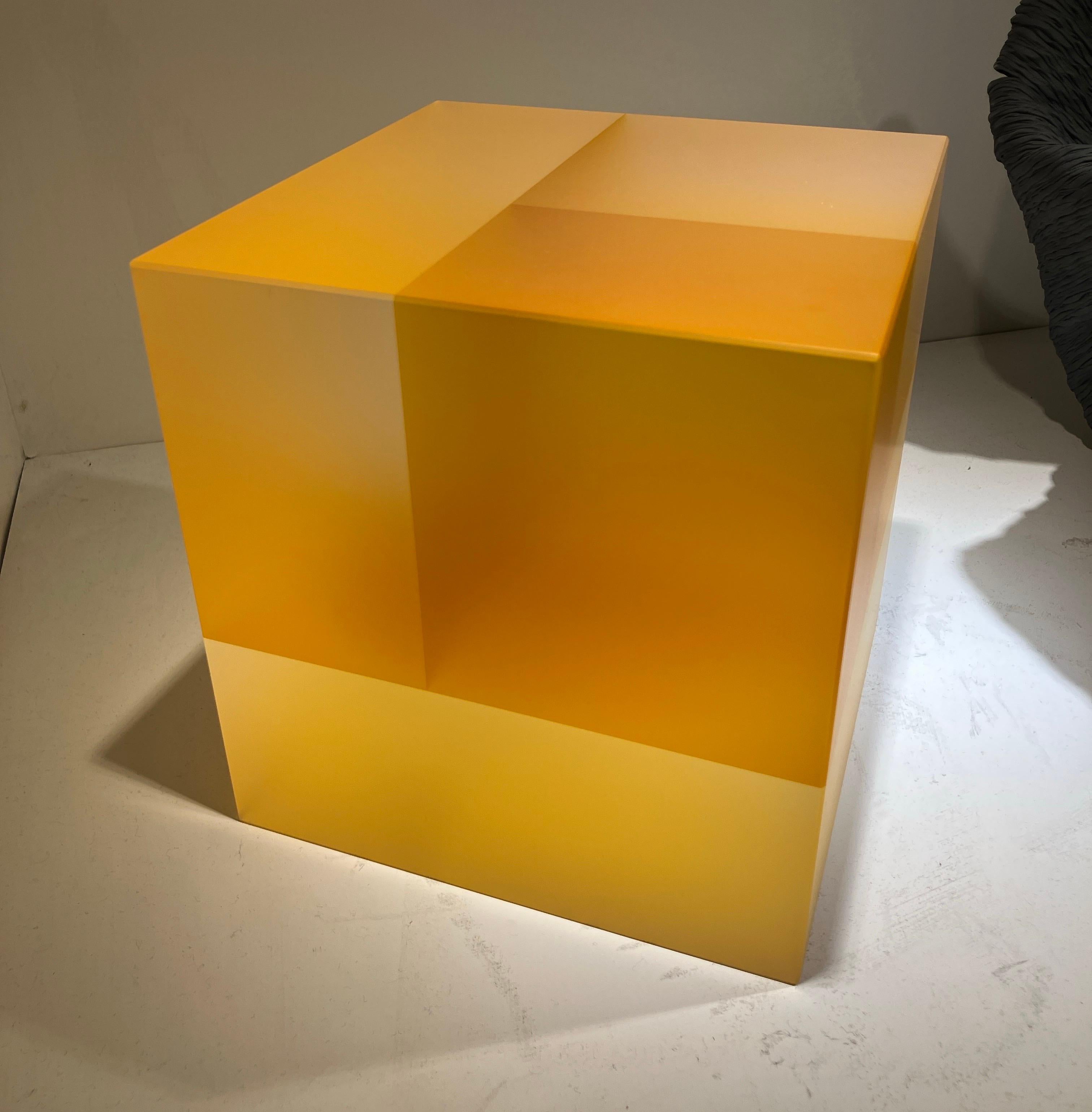 Optical Glass Sculpture, Cube, Korean American, Minimalism, Yellow Monochromatic For Sale 6