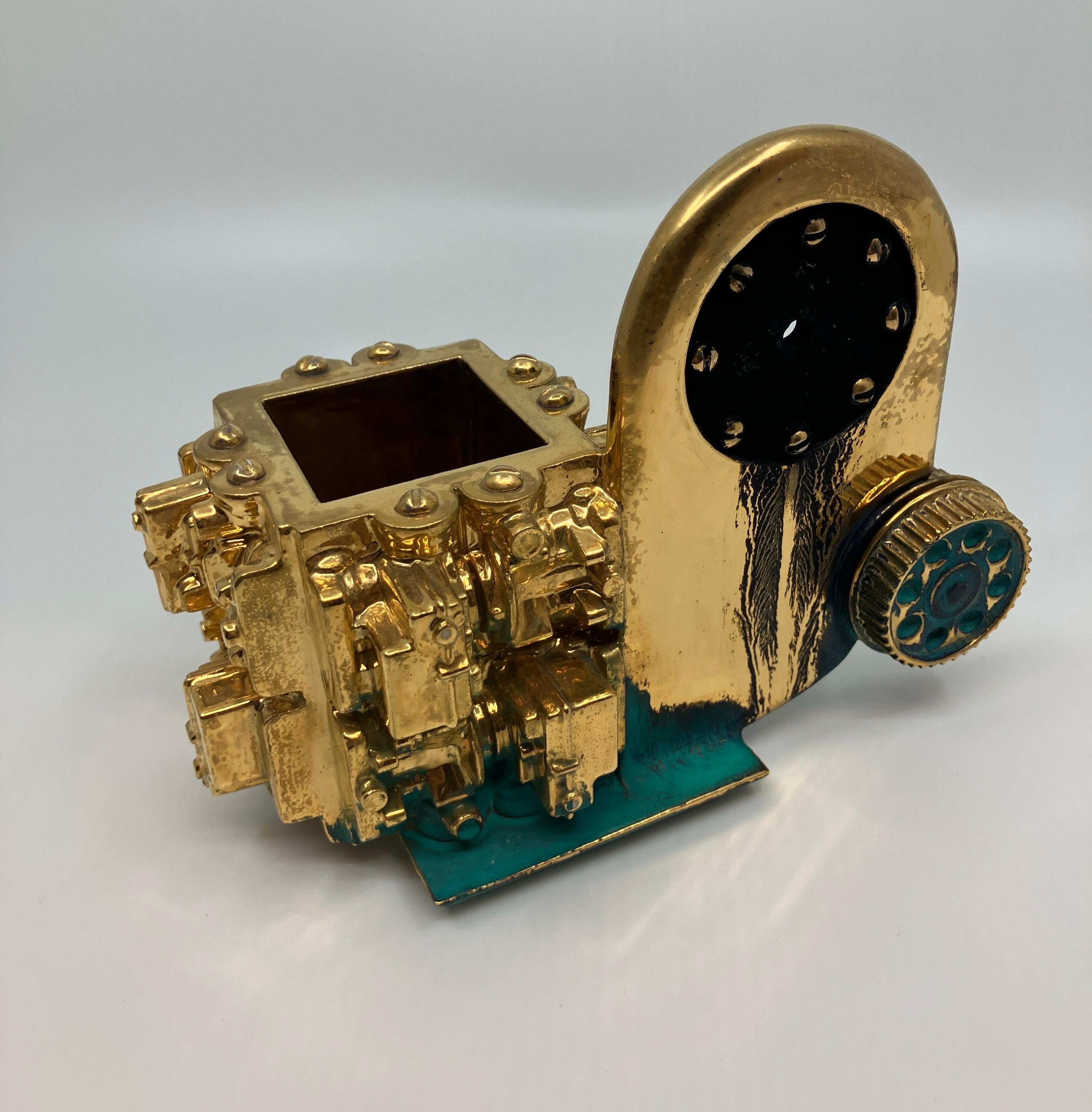 Gold Luster Glazed Ceramic Sculpture, Small, Euclidean Crucible with Clockworks For Sale 6