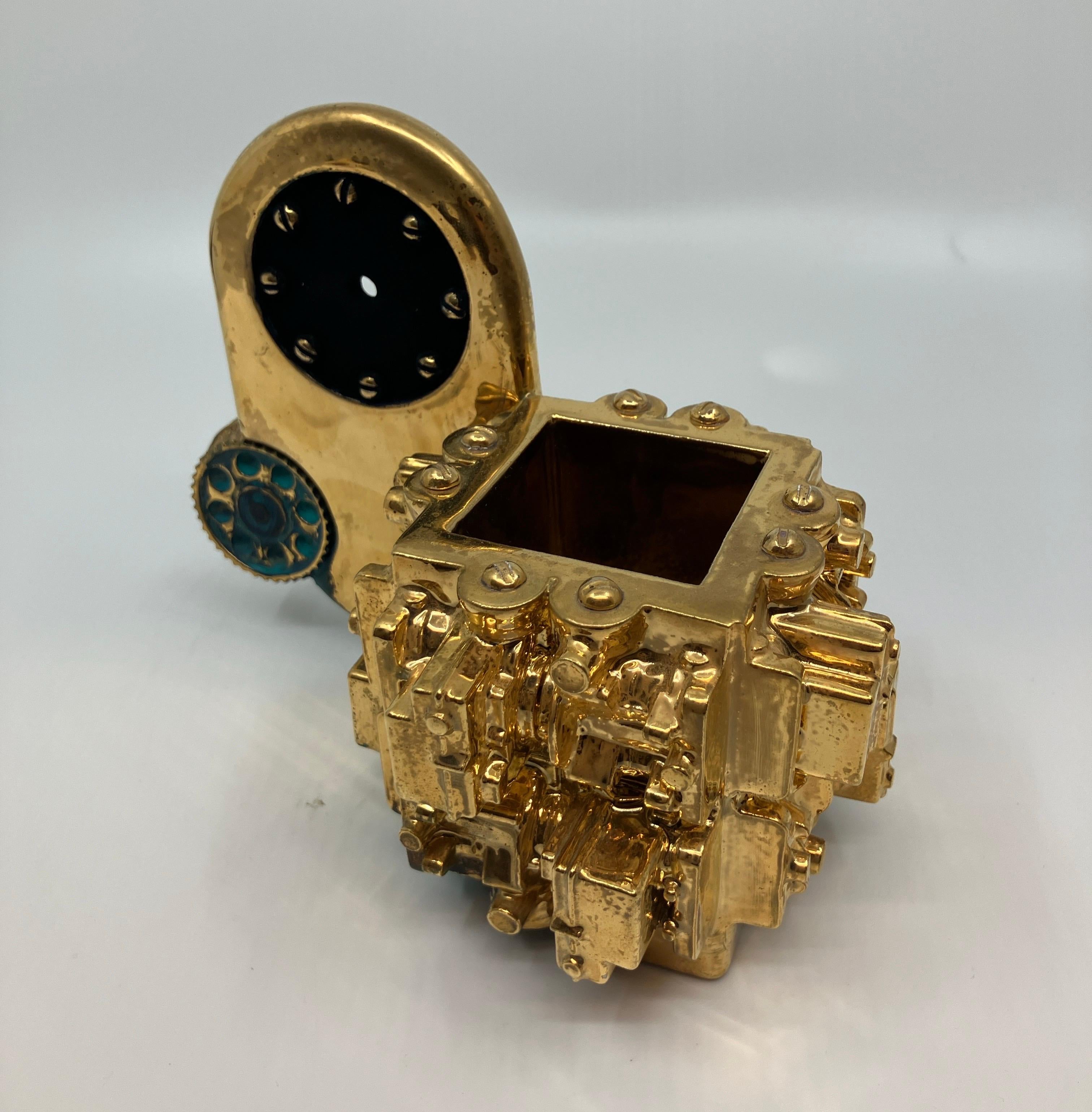 Gold Luster Glazed Ceramic Sculpture, Small, Euclidean Crucible with Clockworks For Sale 7