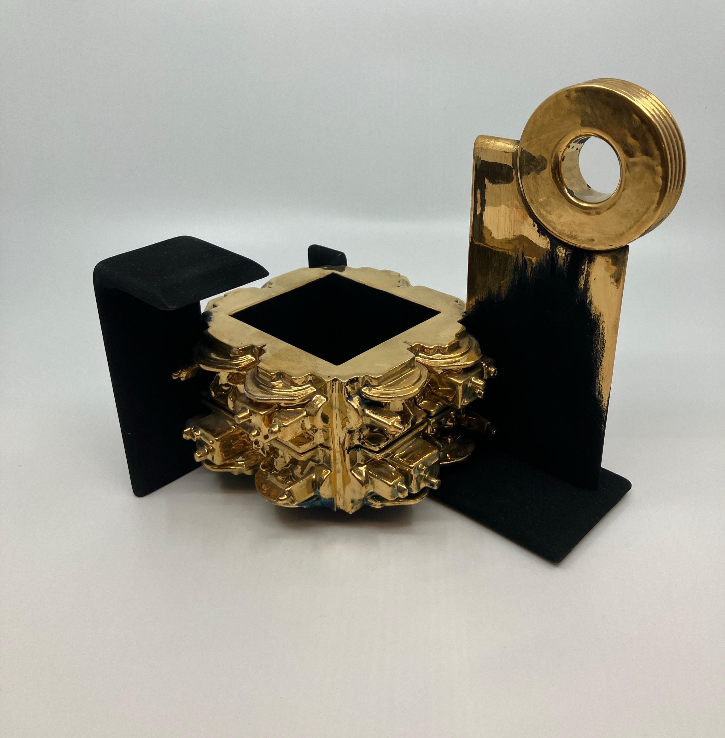 Contemporary, Ceramic, Sculpture, Gold Luster, Glaze, Crucible with Flywheel - Gray Abstract Sculpture by Steven Montgomery