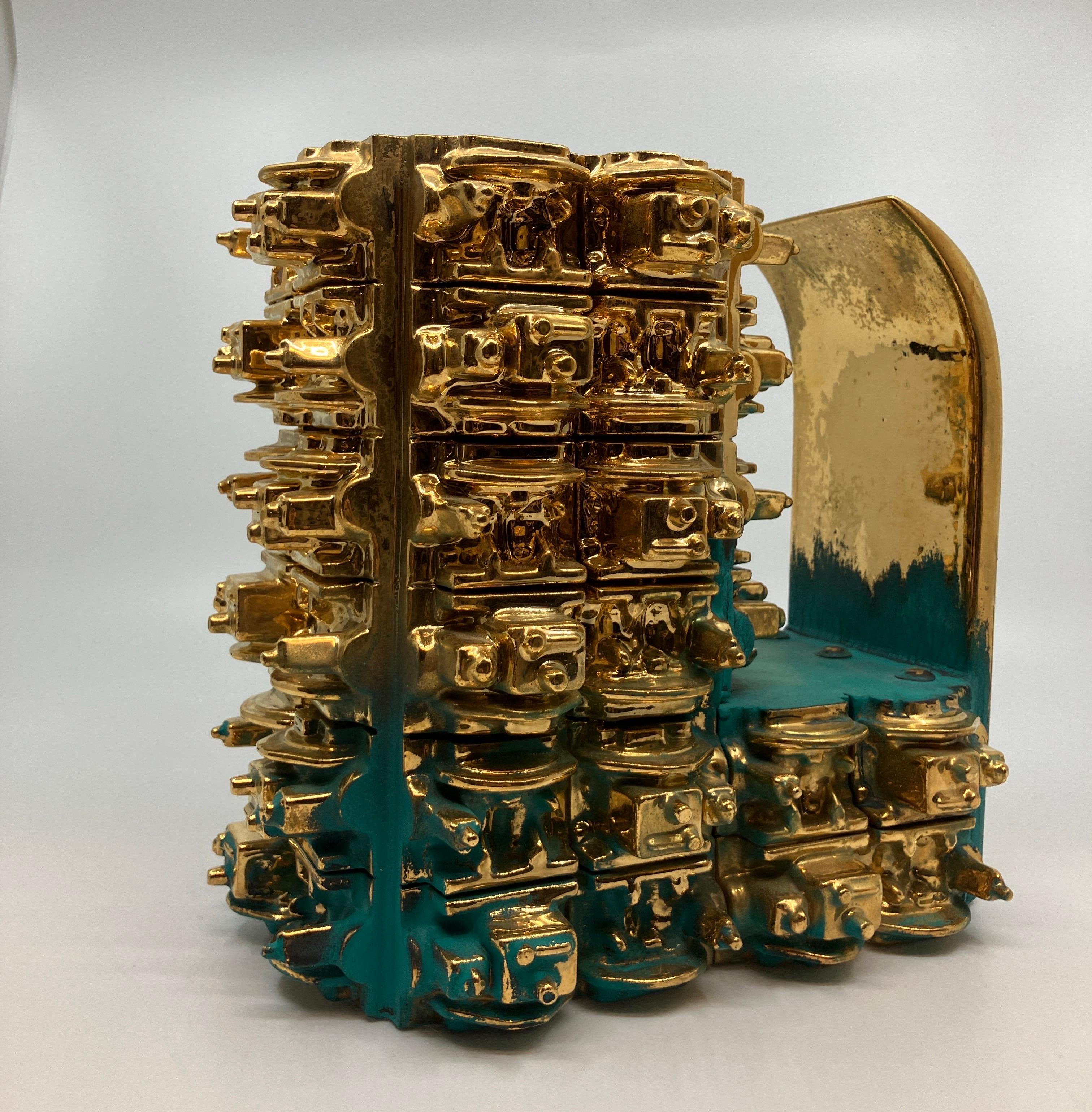 Contemporary, Ceramic, Sculpture, Gold Luster, Glaze, Euclidean Large Stein

Born in Detroit, Steven Montgomery’s work revels in a history of industry and aging as the artist uses porcelain to produce intricate mechanical forms with the appearance