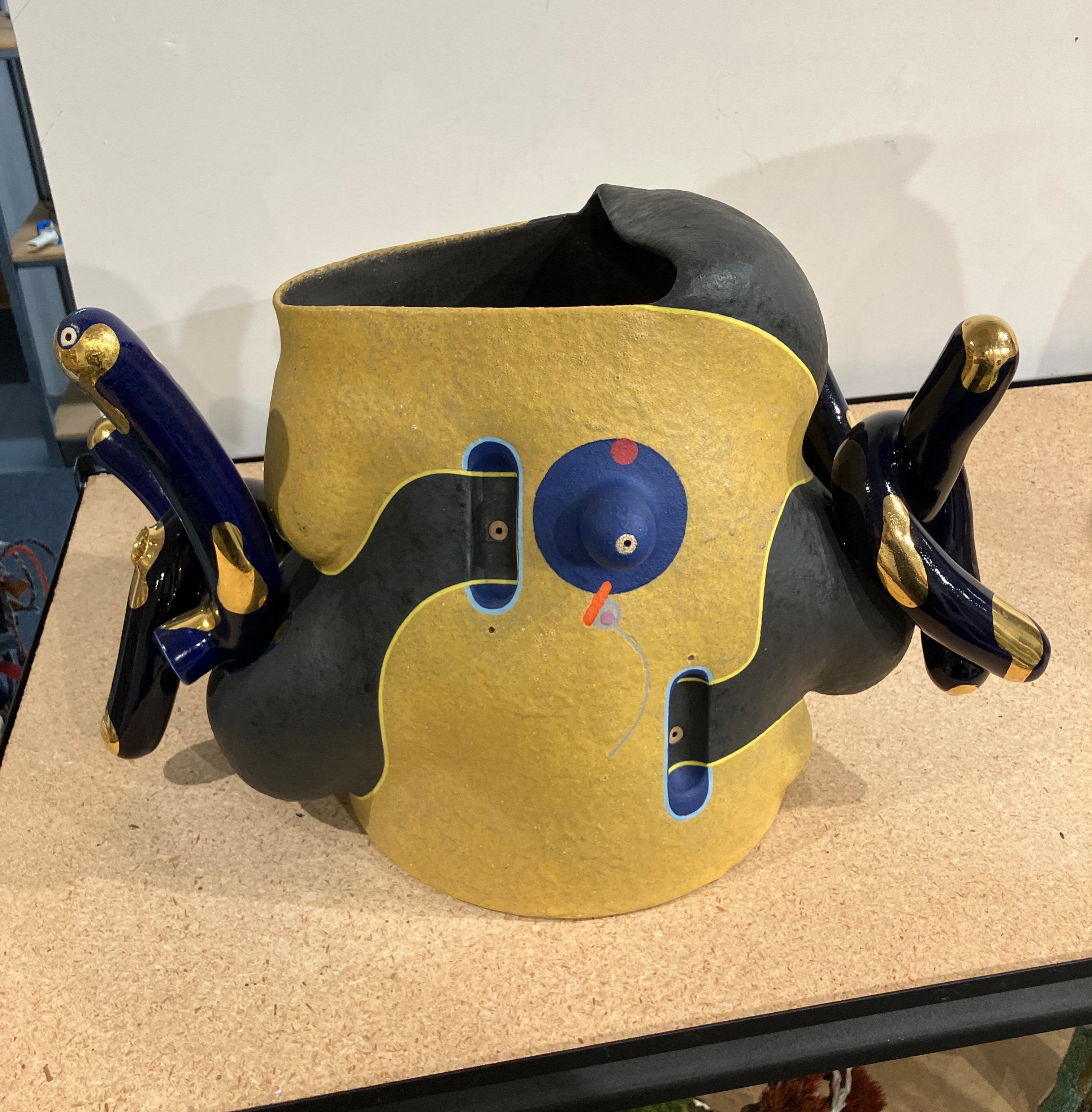 Contemporary Abstract Ceramic Sculpture, Vessel, Glazed Stoneware, Gold Luster For Sale 4