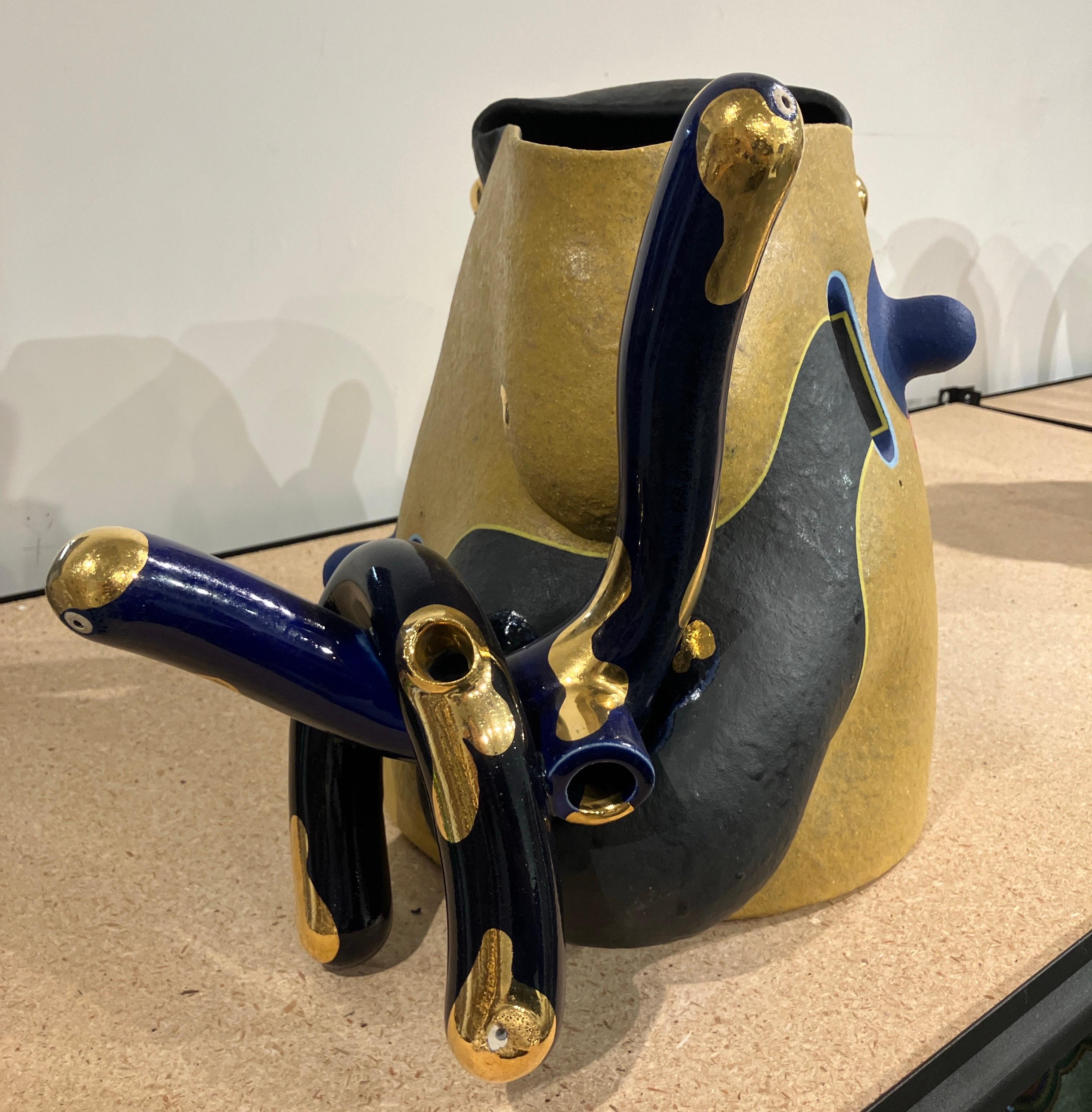 Contemporary Abstract Ceramic Sculpture, Vessel, Glazed Stoneware, Gold Luster For Sale 6
