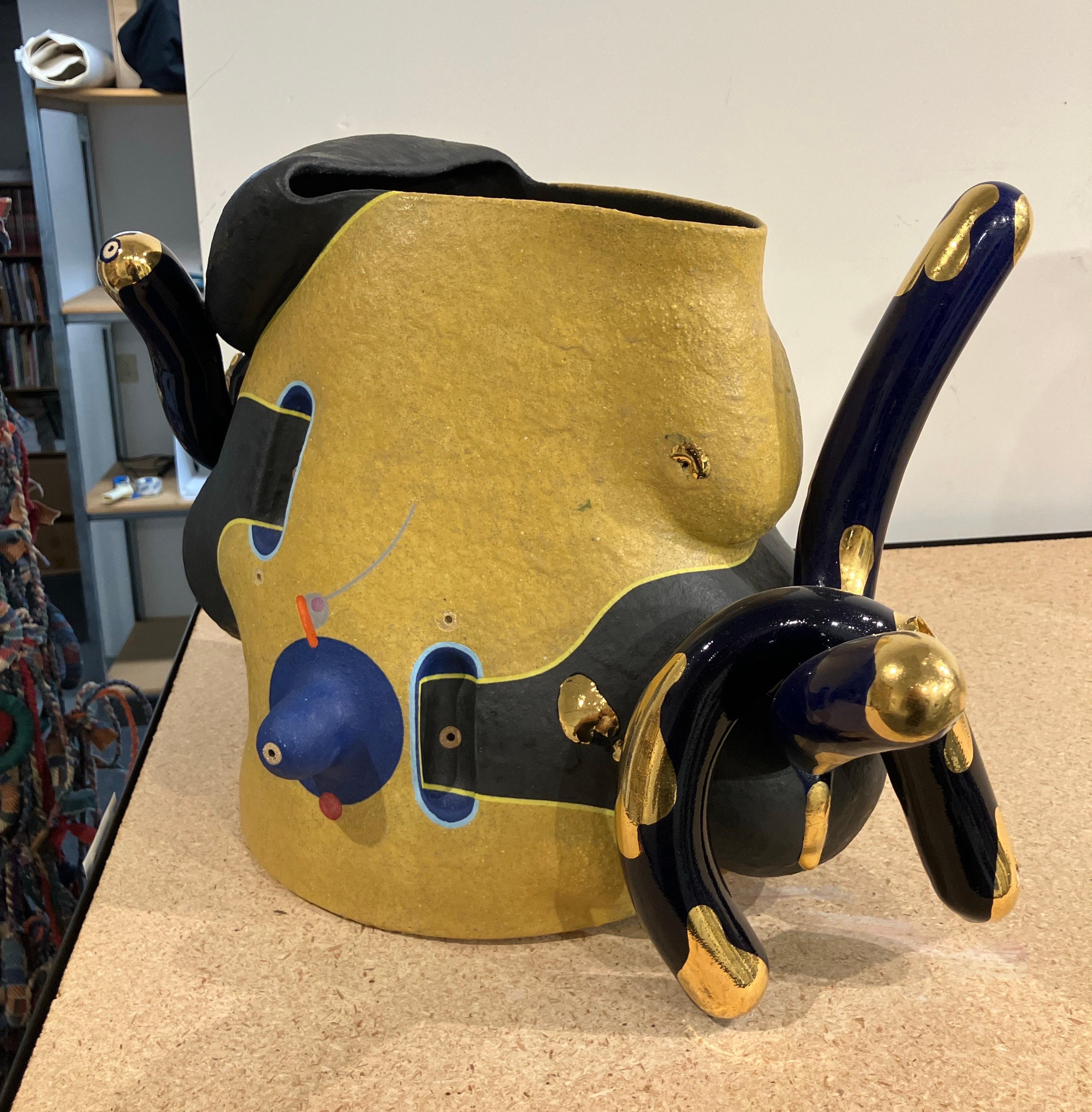 Contemporary Abstract Ceramic Sculpture, Vessel, Glazed Stoneware, Gold Luster For Sale 7
