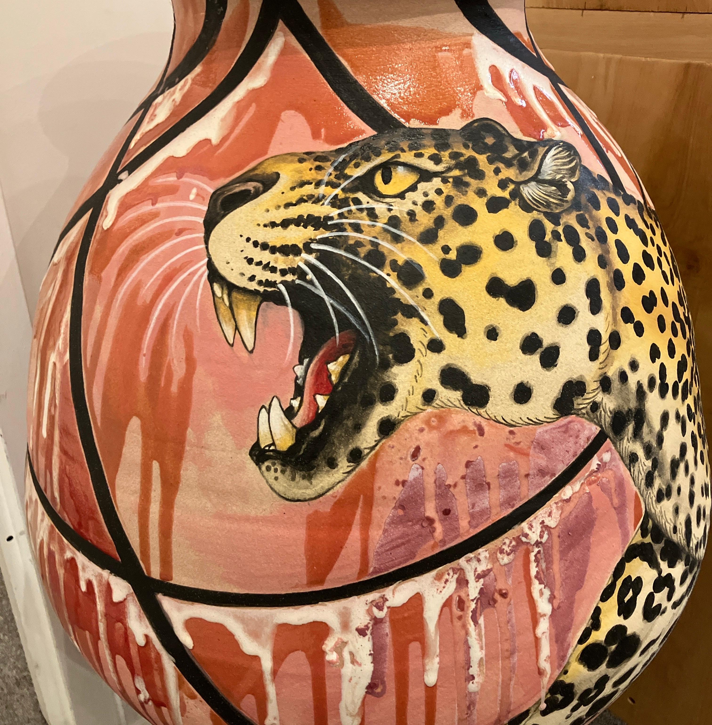 Ceramic Vessel Form with Surface Illustration, Glazed Stoneware, Animals Leopard - Contemporary Painting by Bryan Burk