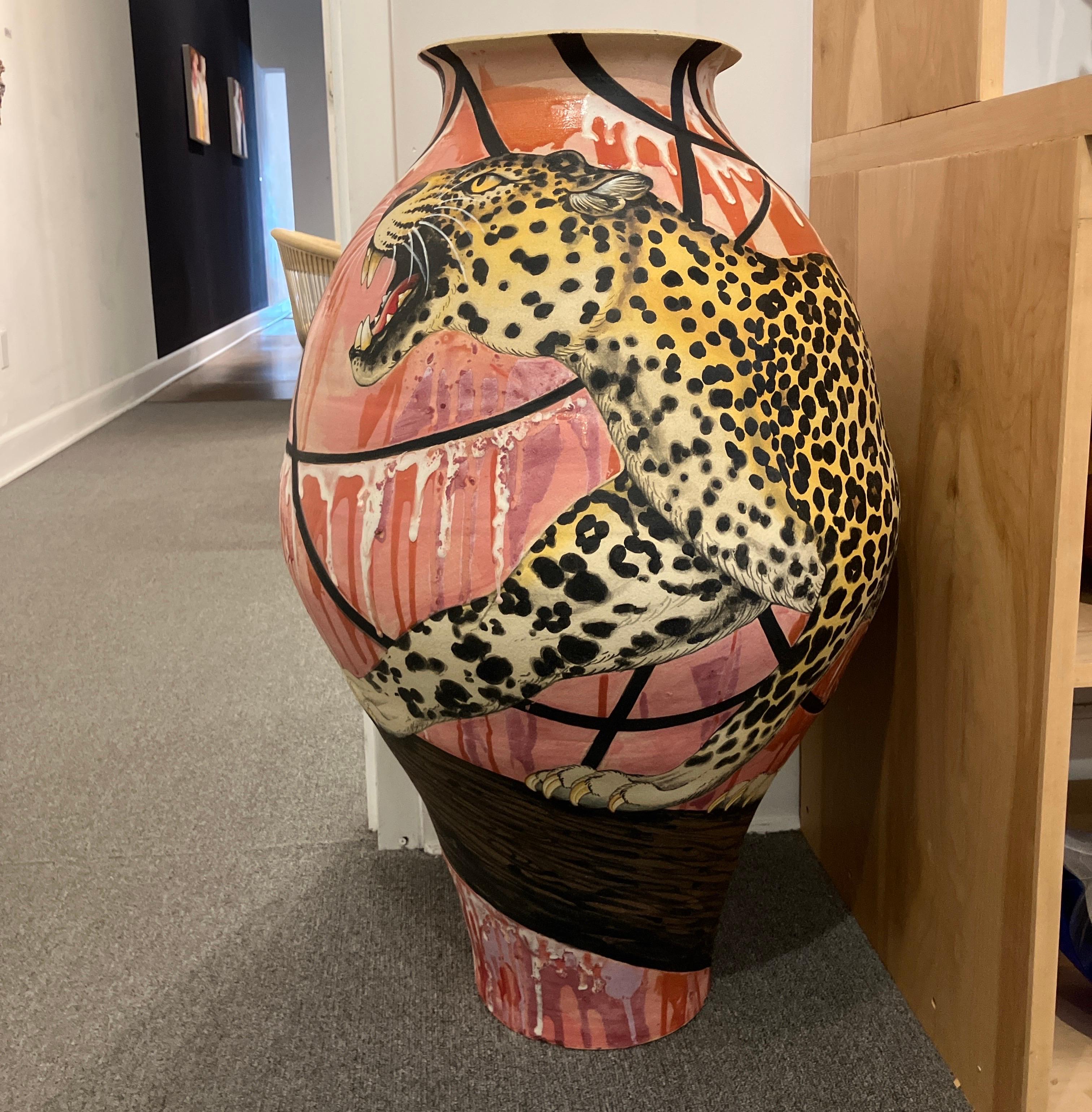 Ceramic Vessel Form with Surface Illustration, Glazed Stoneware, Animals Leopard - Brown Animal Painting by Bryan Burk