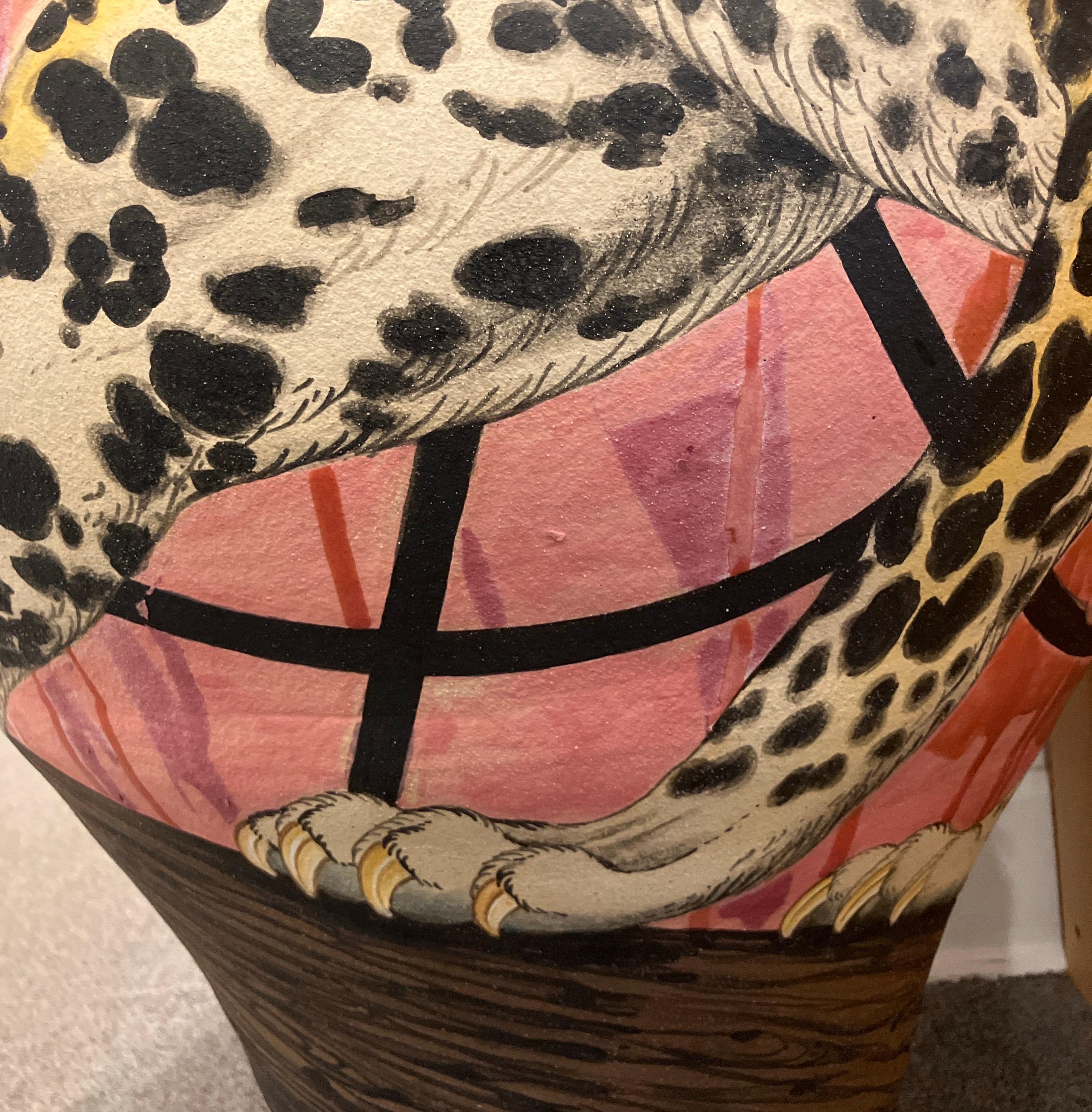 Ceramic Vessel Form with Surface Illustration, Glazed Stoneware, Animals Leopard

