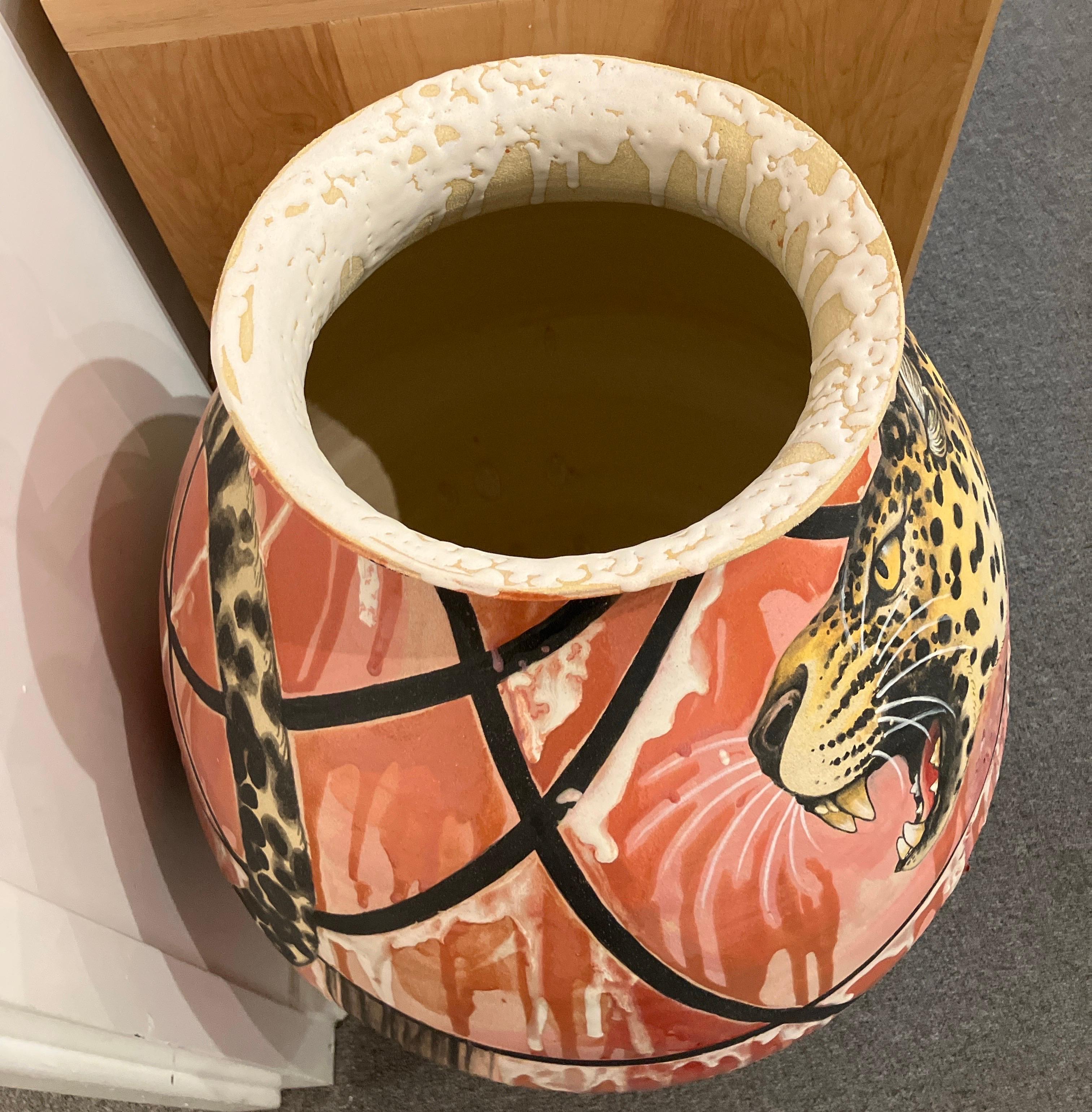 Ceramic Vessel Form with Surface Illustration, Glazed Stoneware, Animals Leopard For Sale 1