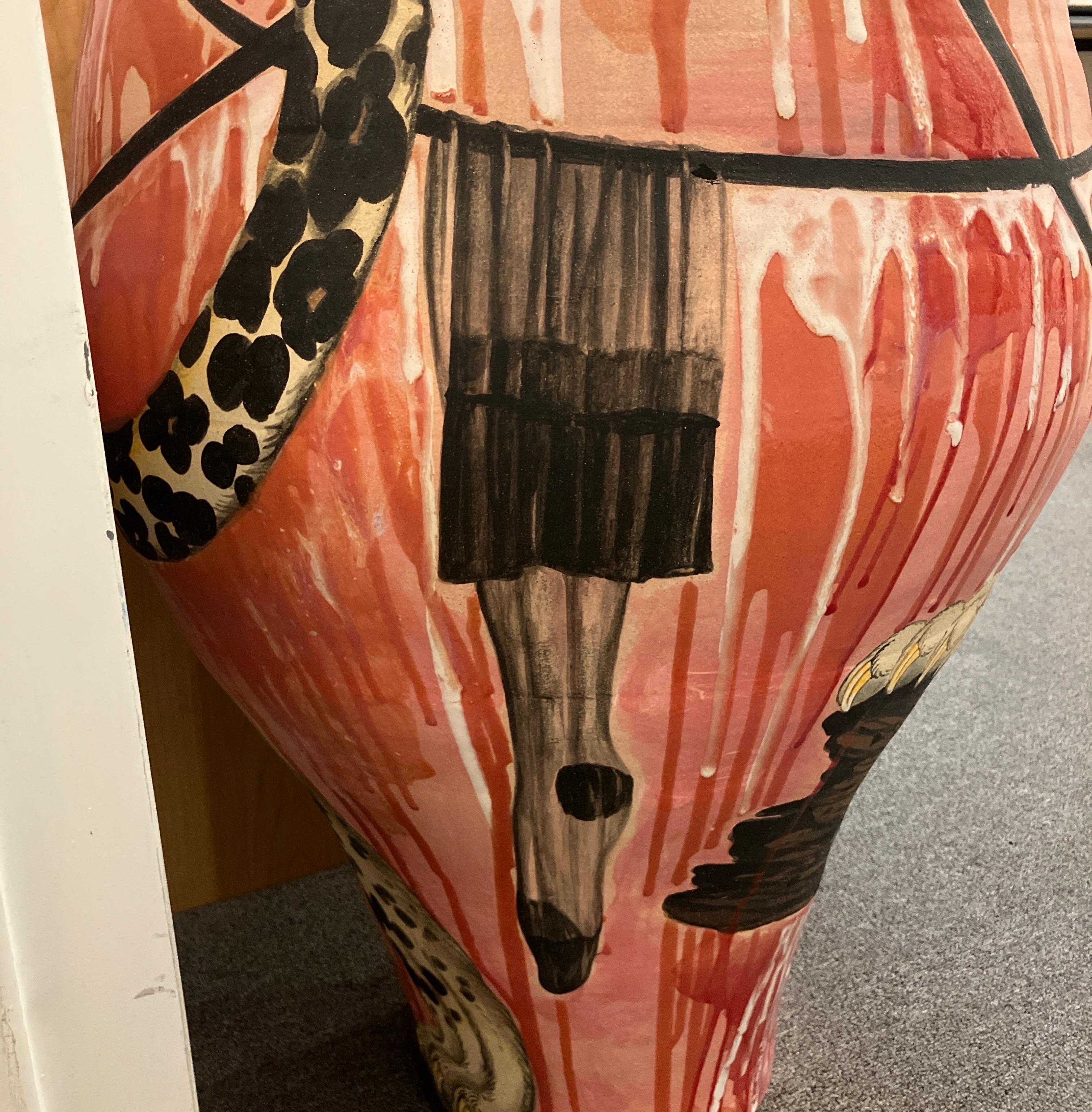 Ceramic Vessel Form with Surface Illustration, Glazed Stoneware, Animals Leopard For Sale 2